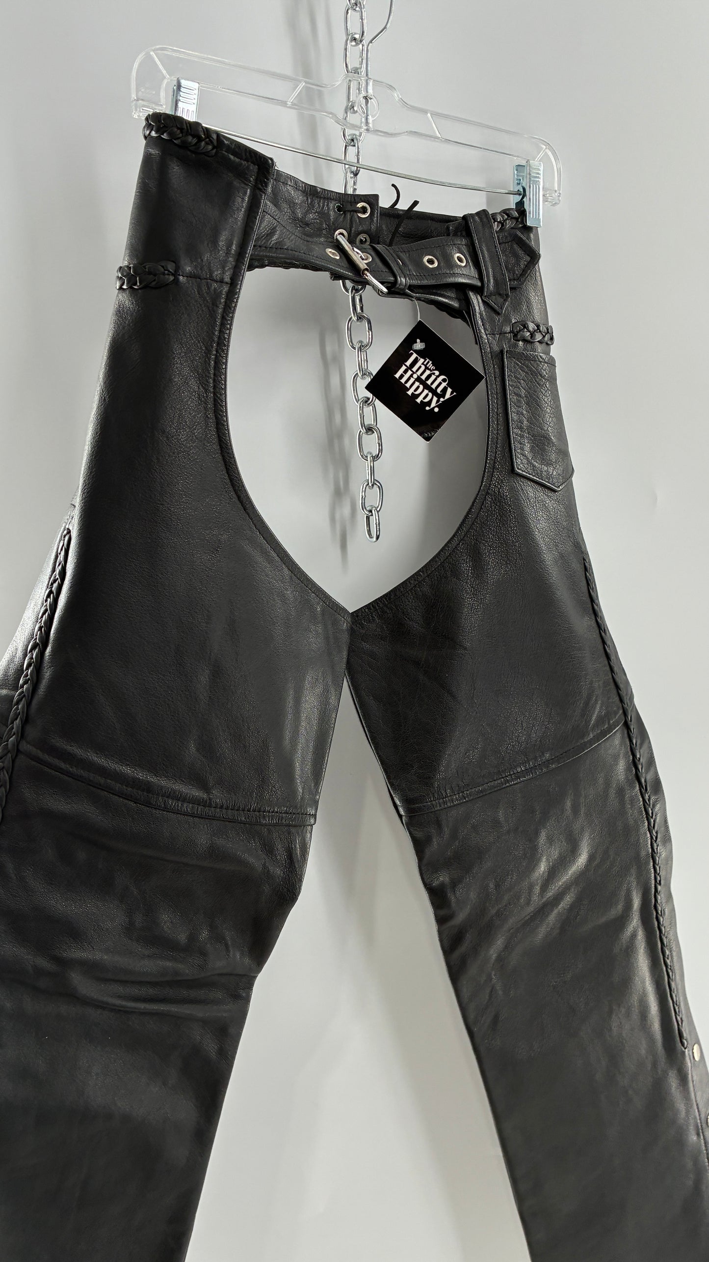 Vintage AMERICAN LEATHER Black Motorcycle Chaps/Pants with Mini Pocket, and Side Zipper Detailing (XS)