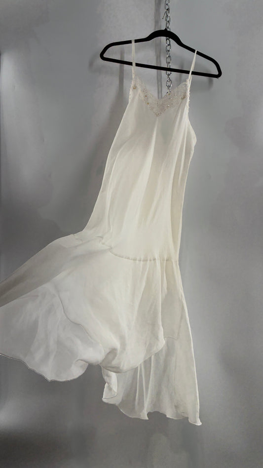 Vintage CALIFORNIA DYNASTY Ivory Maxi Slip Nightgown Dress with Sequin Neckline and Handkerchief Hem (Large)