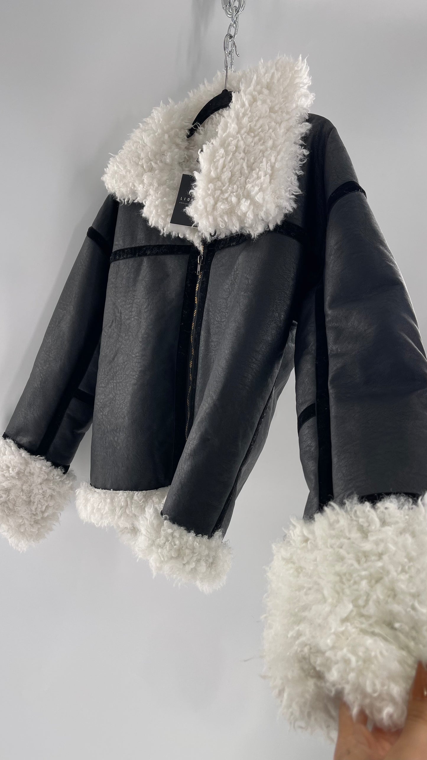 LIONESS Phoenix Jacket Black Faux Leather White Fur Trim (Large)