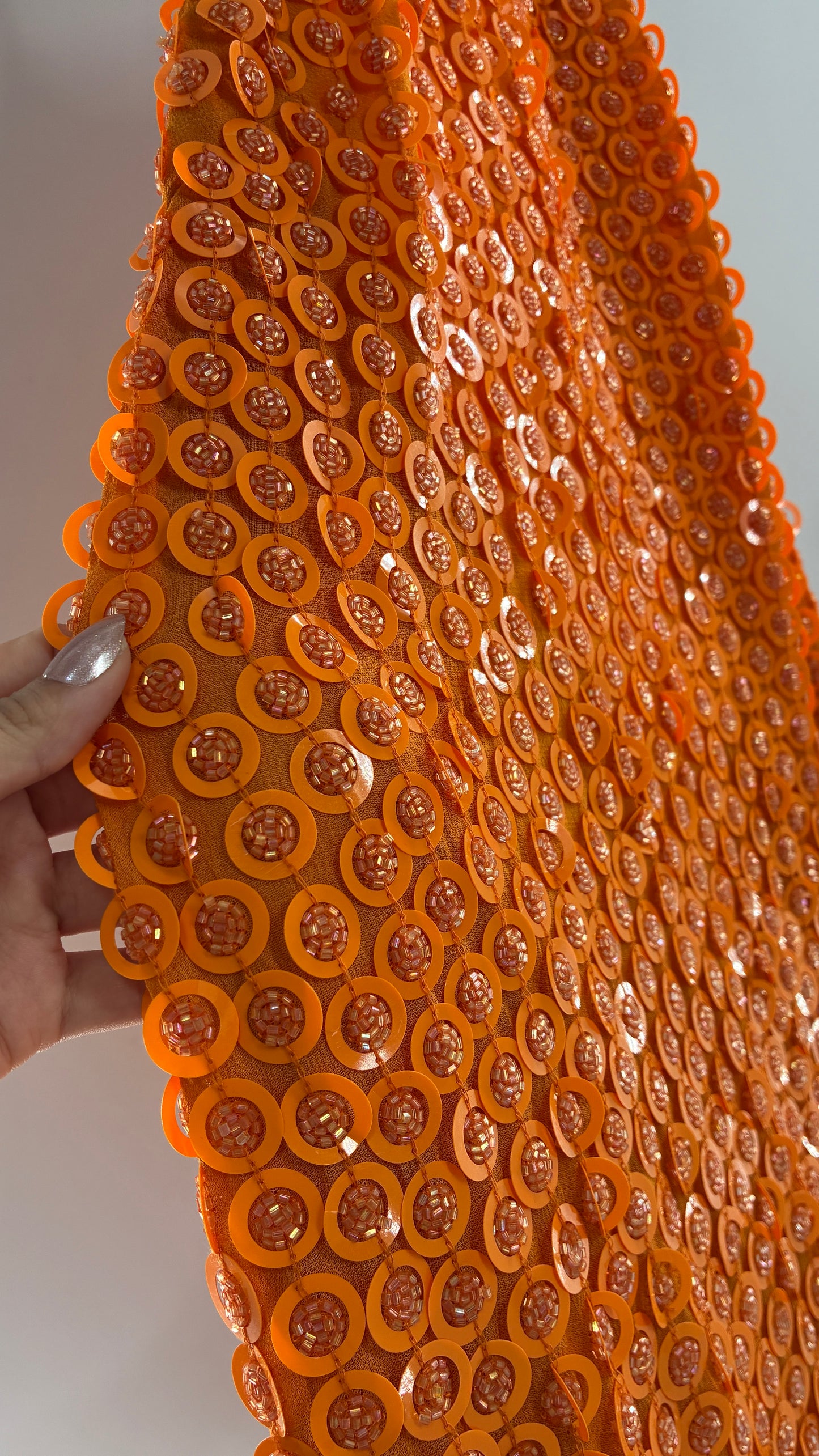 X by NBD Orange Backless Halter Mini Dress with Scalloped Hem, Covered in Beads and Sequins (Medium)