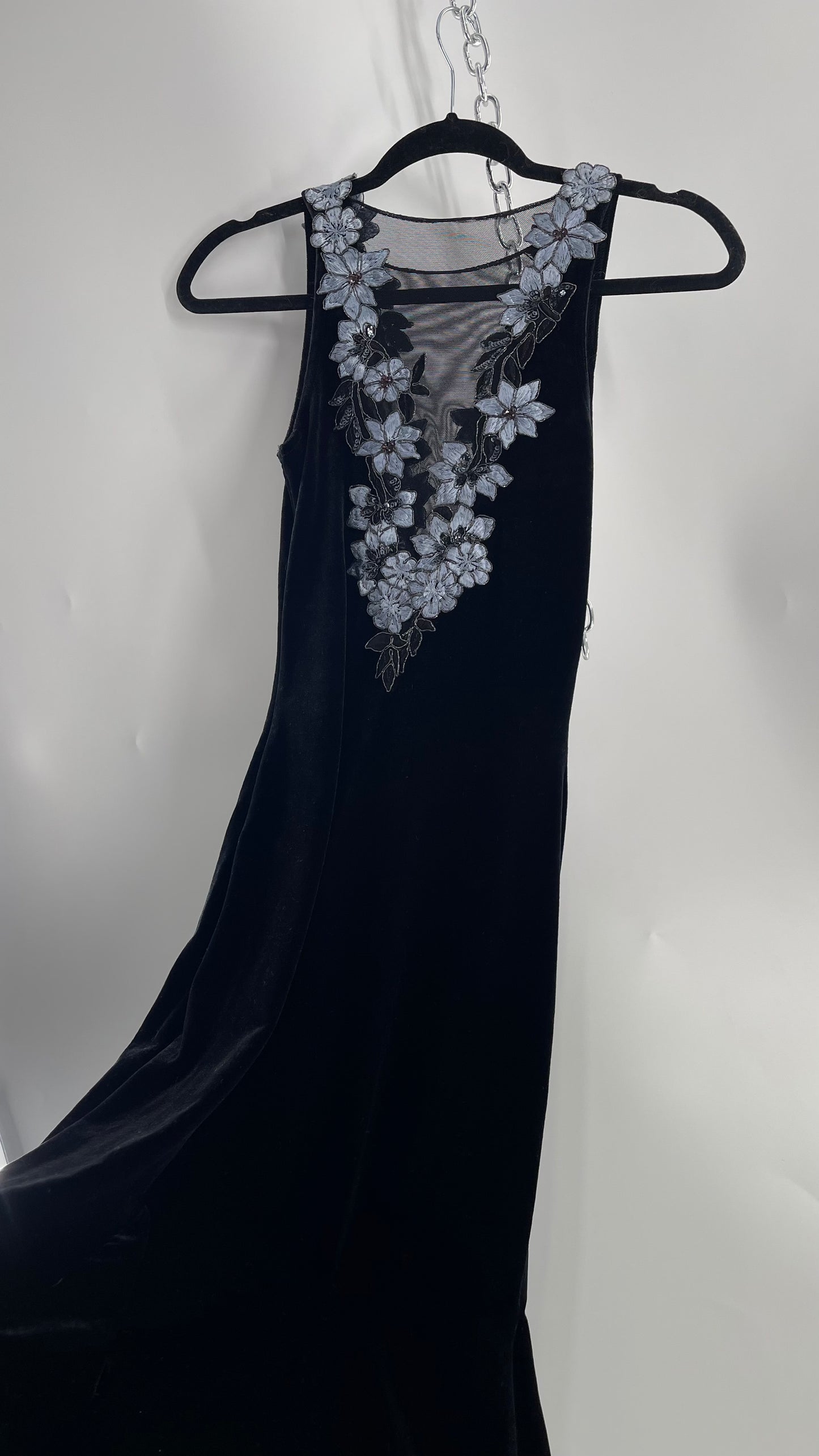 Vintage Jessica McClintock Black Velvet Fit And Flare Gown with Plunging Neckline Covered in Embroidered Beaded Pale Blue Flowers (2)