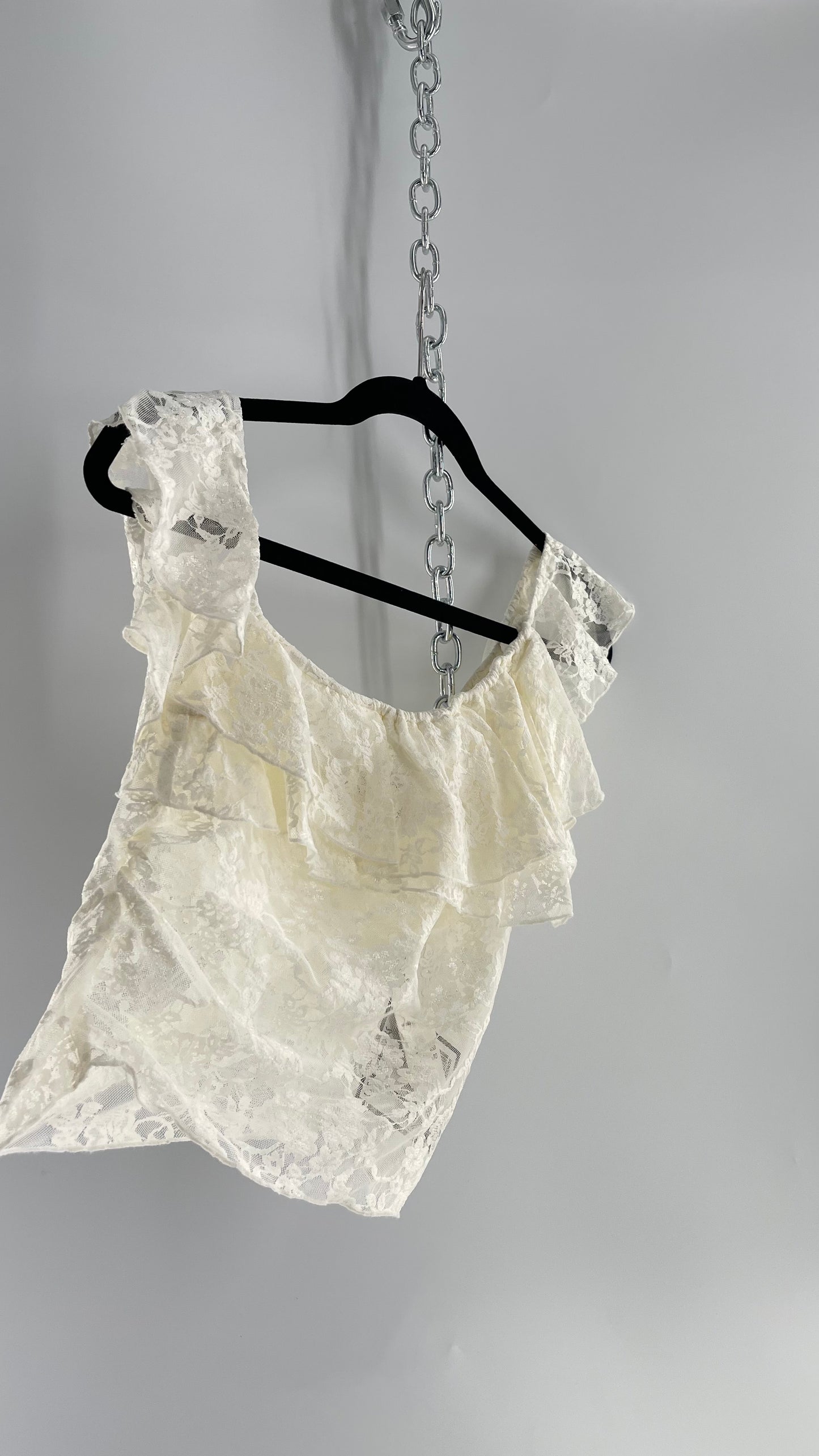 Urban Outfitters White Lace Tank with Ruffle Neckline and Straps Tags Attached (Large)