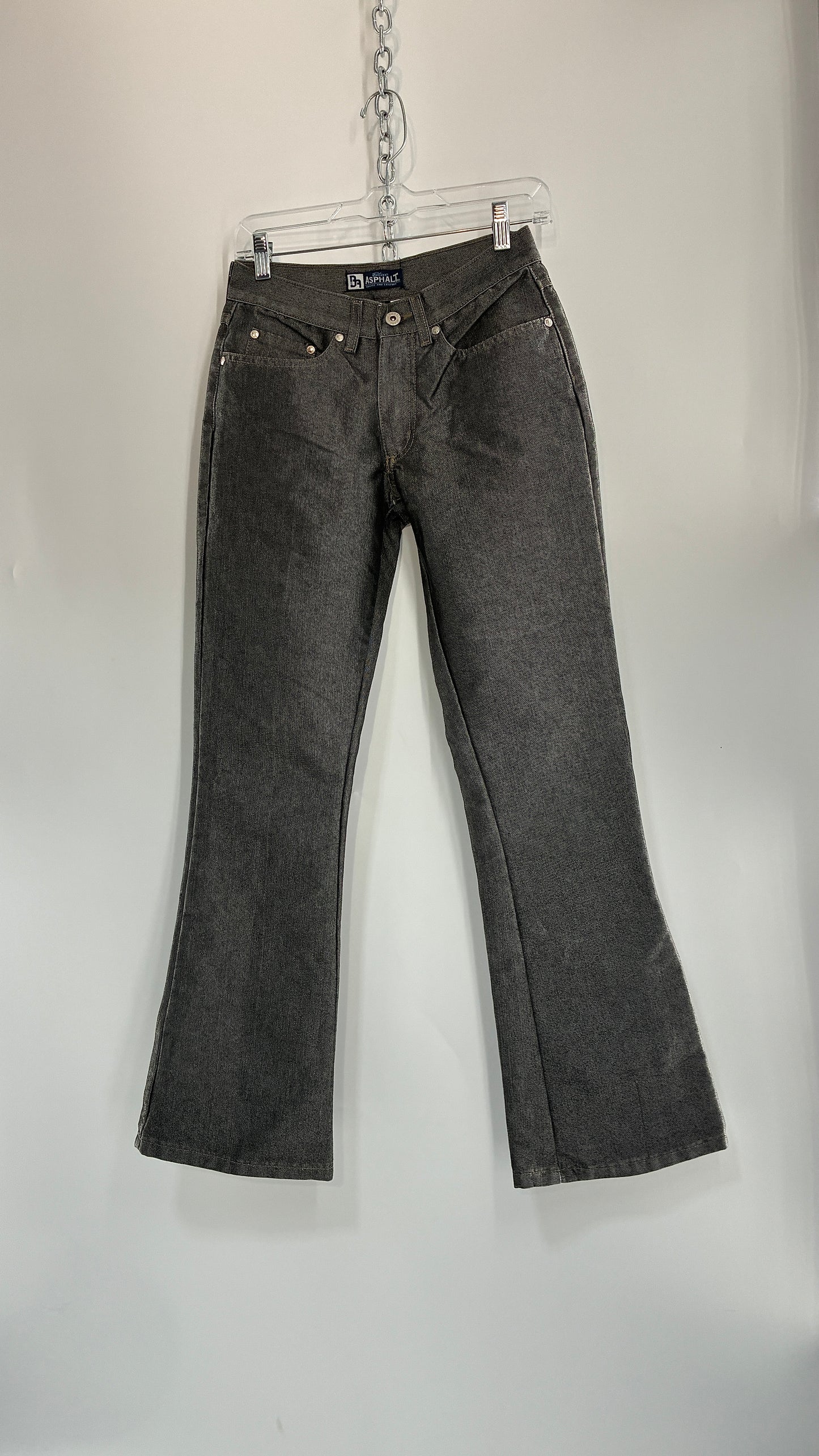 Vintage BLUE ASPHALT Metallic Silver Grey Denim Low Rise Kick Flares (5)
