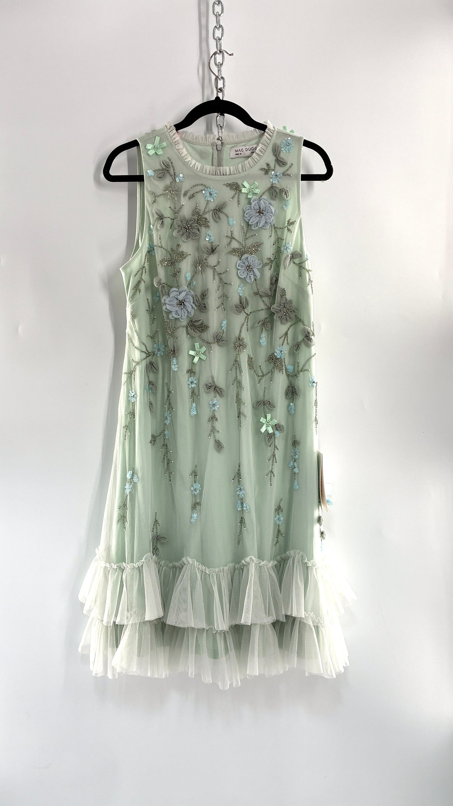 MAC DUGGAL Green Embellished Ruffle Tiered High Neck Floral Dress (10)