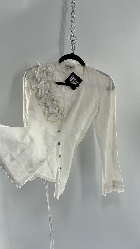 Vintage ANNE FONTAINE Off White Linen Woven Button Up Blouse with Back Corseting, Pearlescent Shell Buttons, and Rosette Details (36)