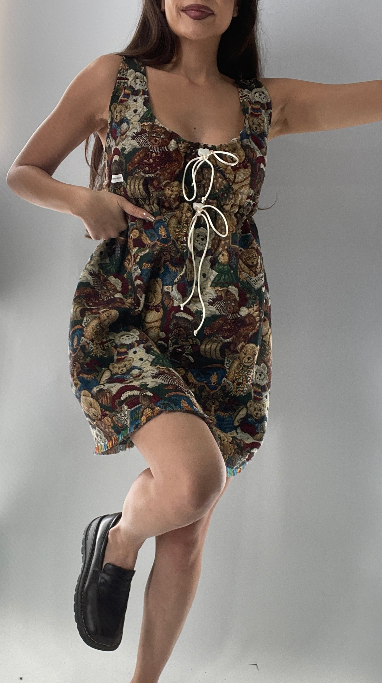 Christmas Custom Teddy Bear Tapestry Babydoll Dress with Bow Back Detail and Adjustable Neckline/Underbust (XS-L)