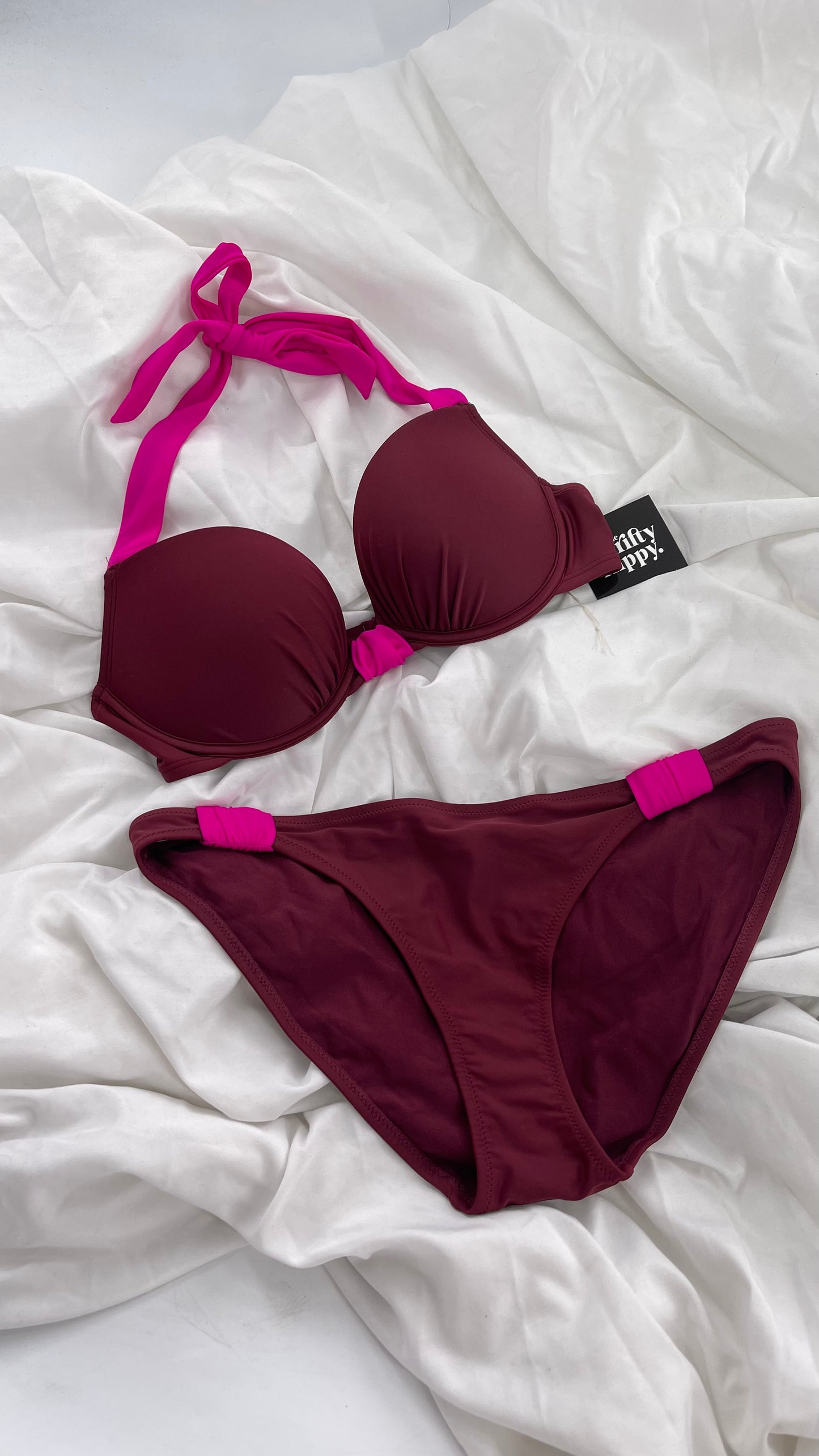 AERIE Burgundy Padded Underwire Swim Top Set with Fuchsia Details (36C/L Bottoms)