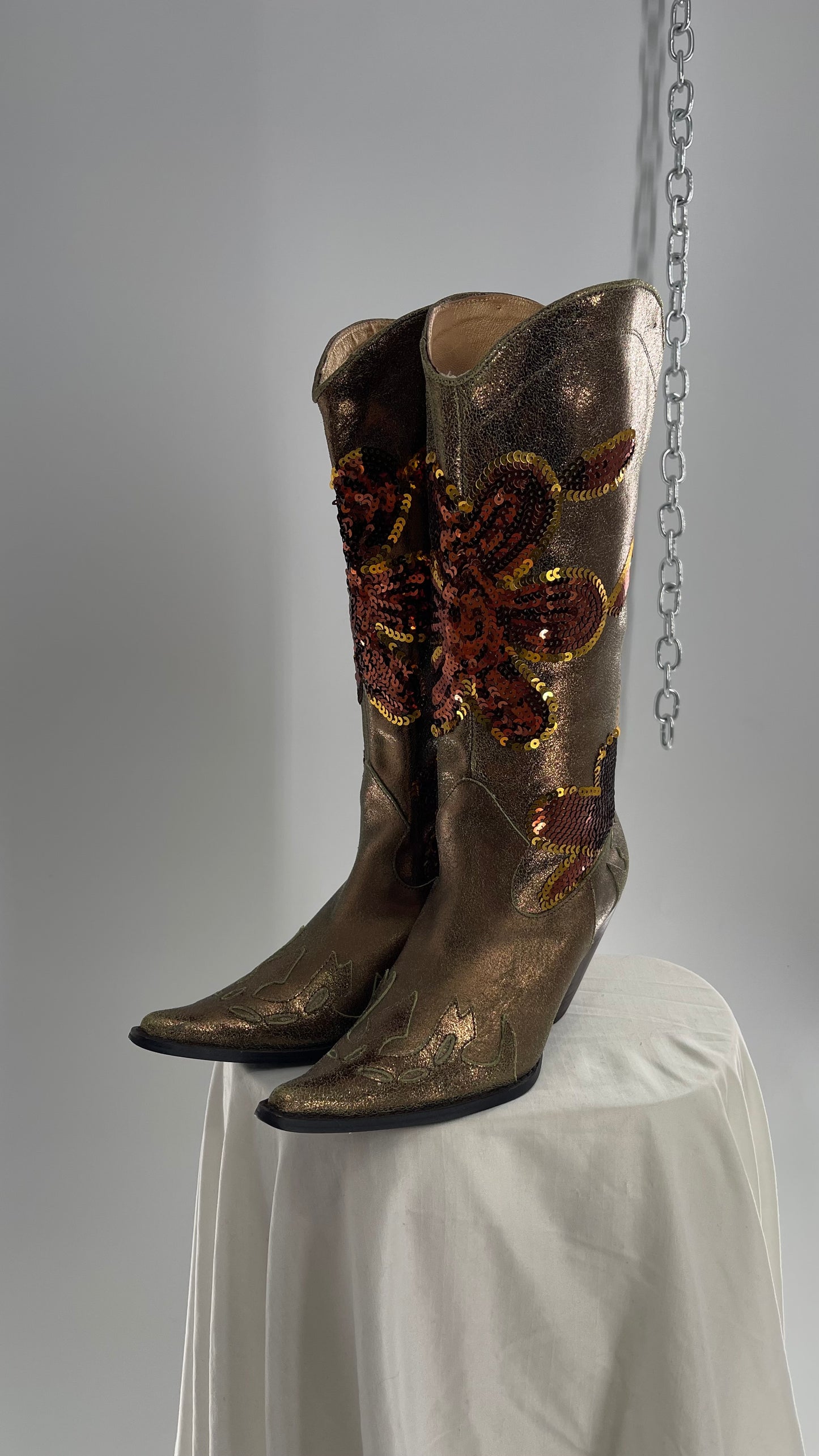 RARE Vintage Foot Candy Sage Green/Bronze Leather Cowboy Boots with Sequin Flowers and Flame Details (6.5)