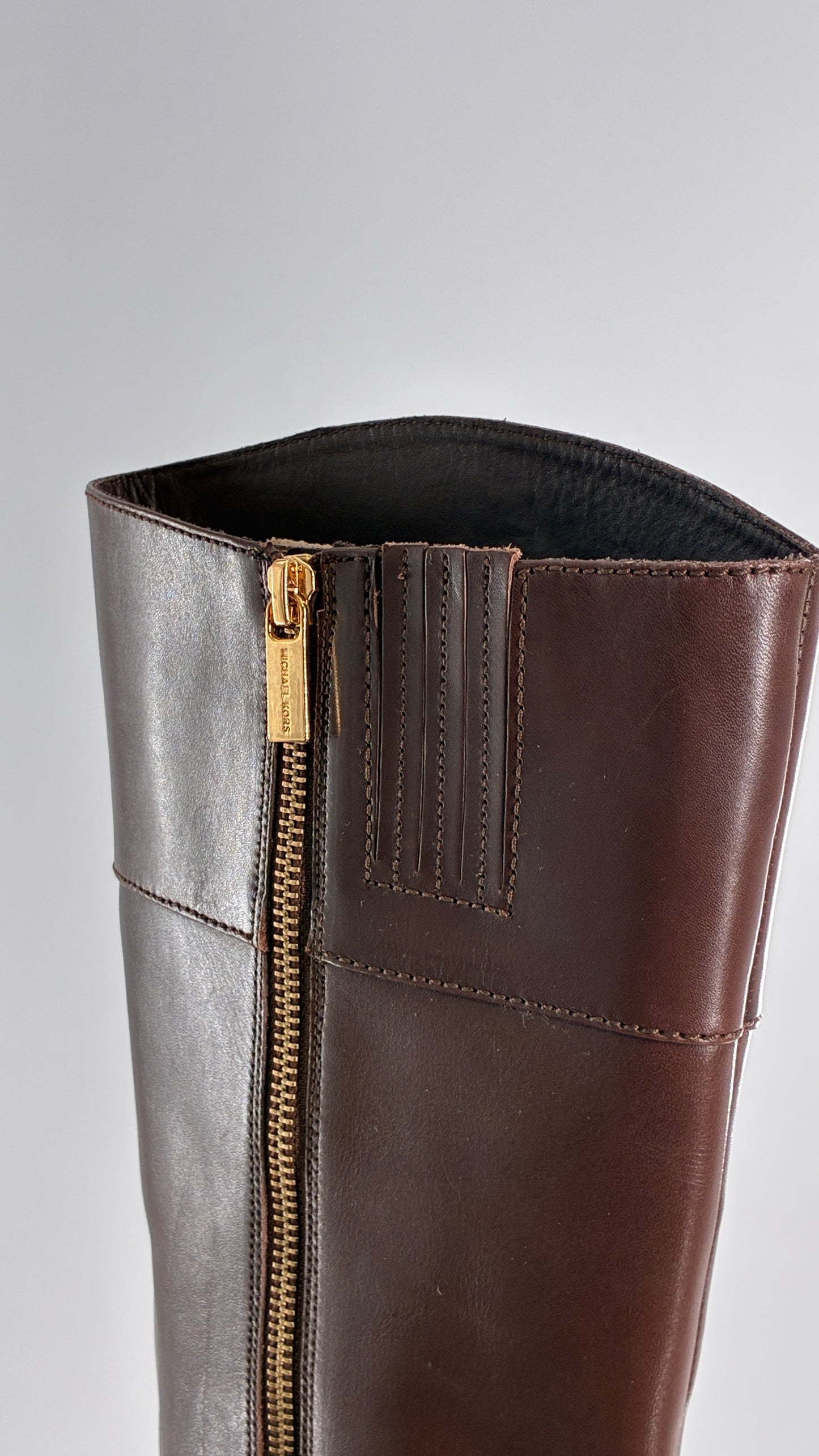 Vintage MICHAEL KORS Knee High Brown Genuine Leather Moto Boot with Gold Detailing (9)