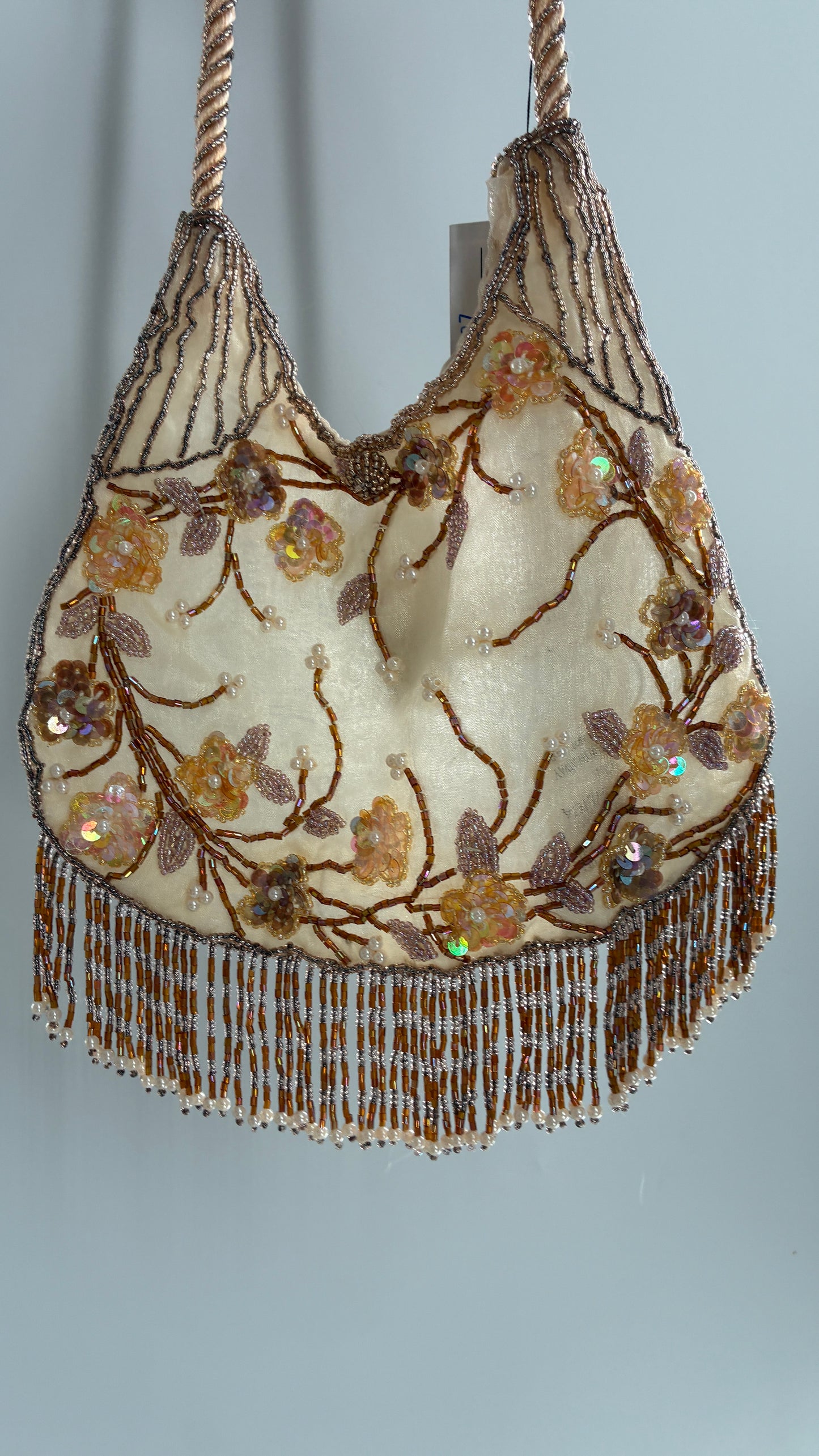 Vintage Deadstock Beige Beaded Fringe Purse with Embroidered Beaded Florals