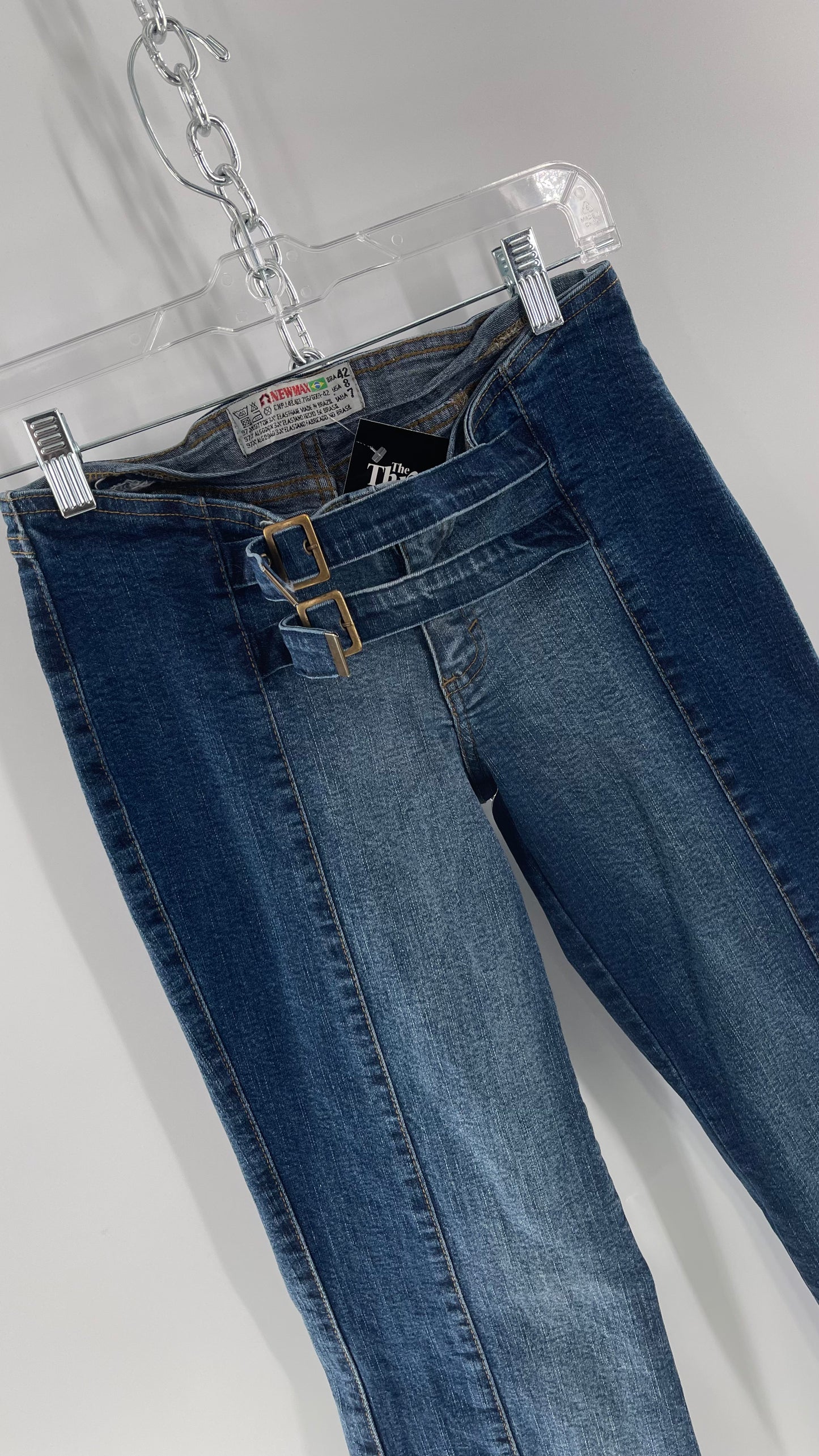 Vintage NewMax Two Toned Paneled Brazilian Jeans with Buckle Jean Strap Closure and Flared Hem (8)