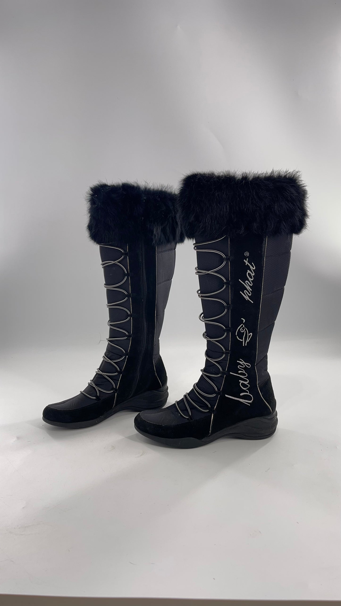 Baby Phat Black Knee High Boots with Rabbit Fur Trim, Bungee Cord Ties, and Embroidered Logo Design