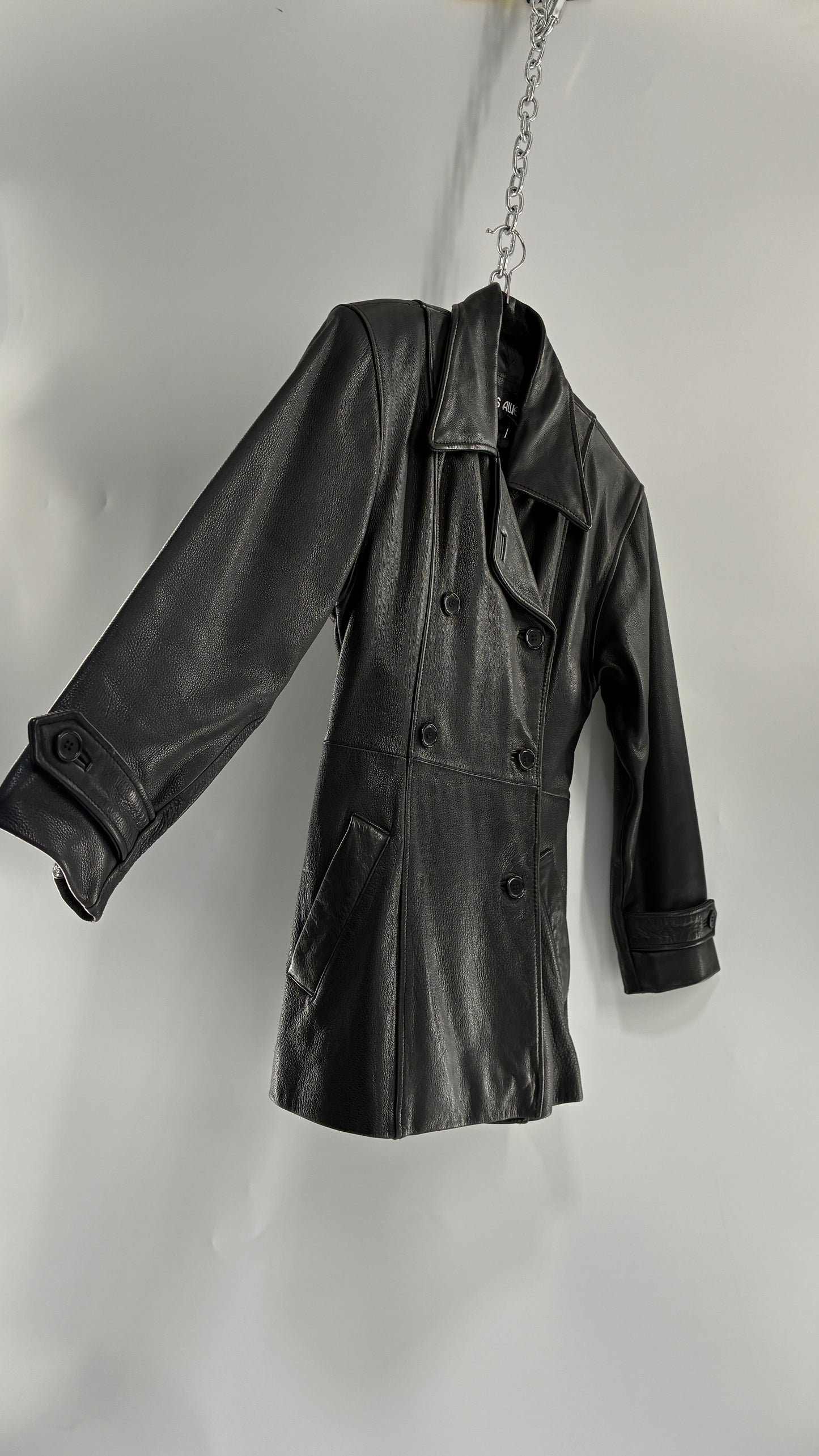 Vintage LUIS ALVEAR Thick Genuine Leather Black Trench Style Jacket (XS)