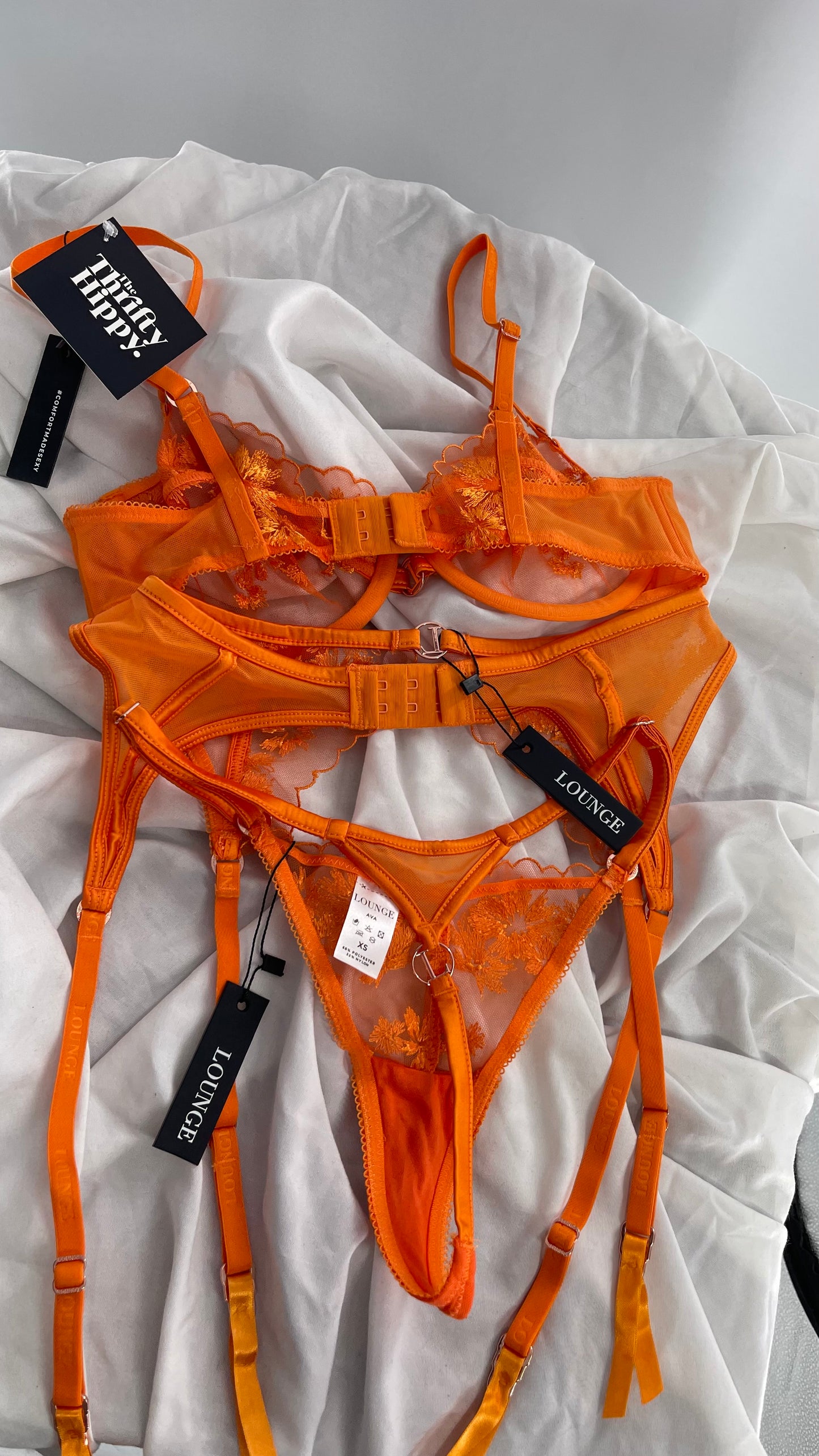 LOUNGE Orange Ava Bra, Garter and Panty Set with Tags Attached (32C, XS)