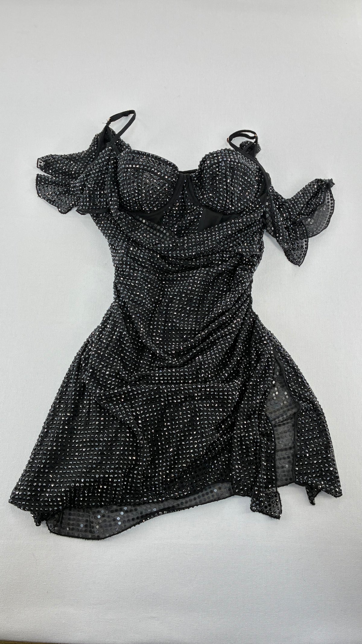 OH POLLY Rhinestone Corseted Mini Dress with Draped Bust, Side Slit Detail (6)