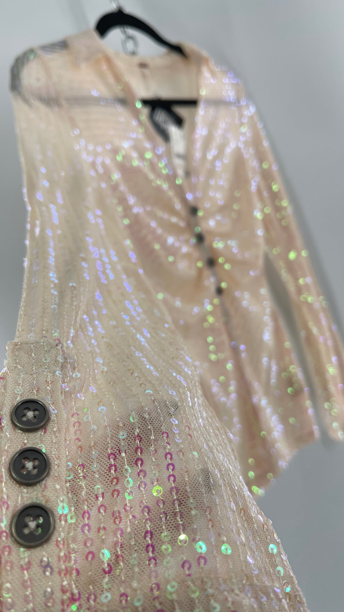 Free People Iridescent Sequined Button Front Ruched Bust Blouse with Tags Attached (Small)