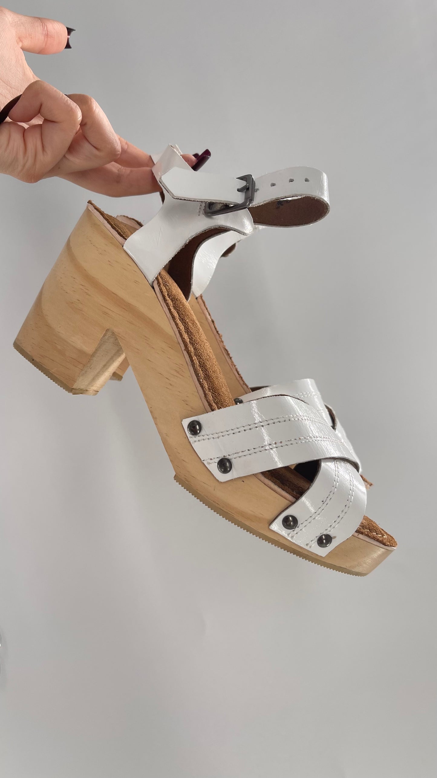 Urban Outfitters White Patent Clogs with Wooden Heel (6)