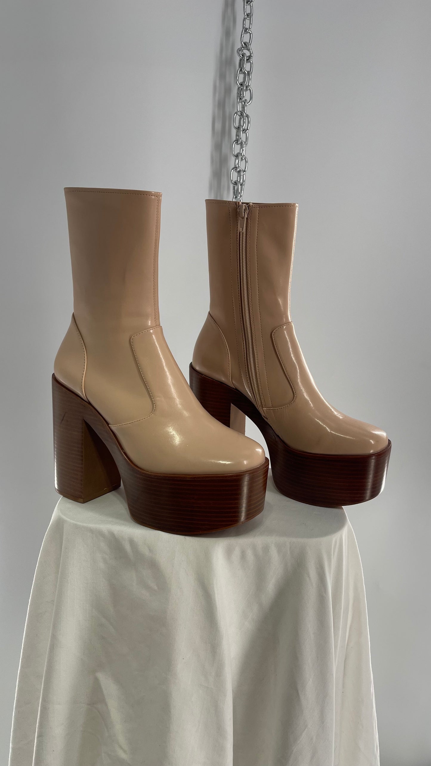 Free People X Jeffrey Campbell Mexique GoGo Boots • Beige Patent Boot with Wood Grain Chunky Block Heel and Platform  (8)