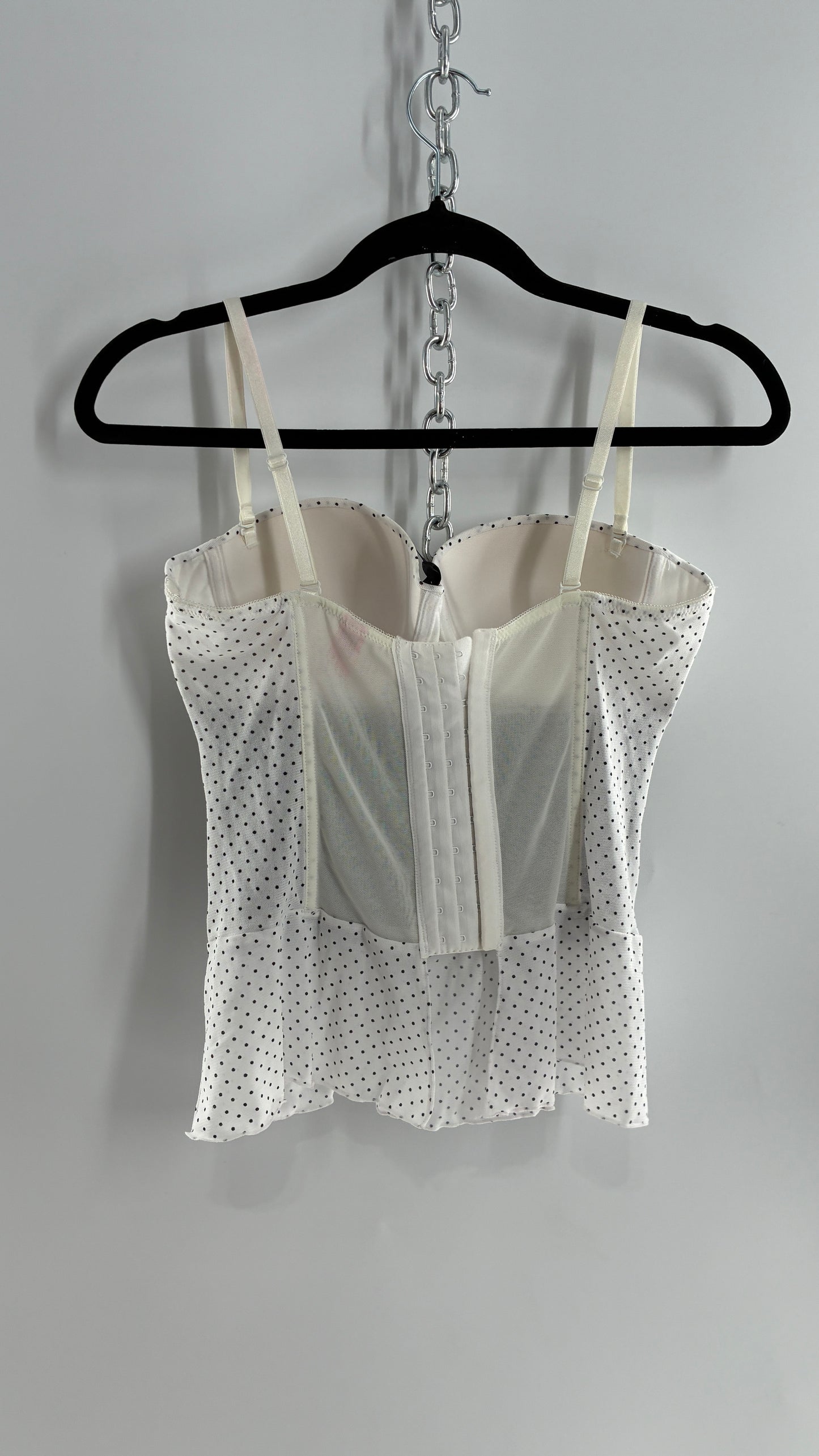 Vintage Black and White Polka Dotted Bustier Babydoll with Lace Bodice Detailing (Medium)