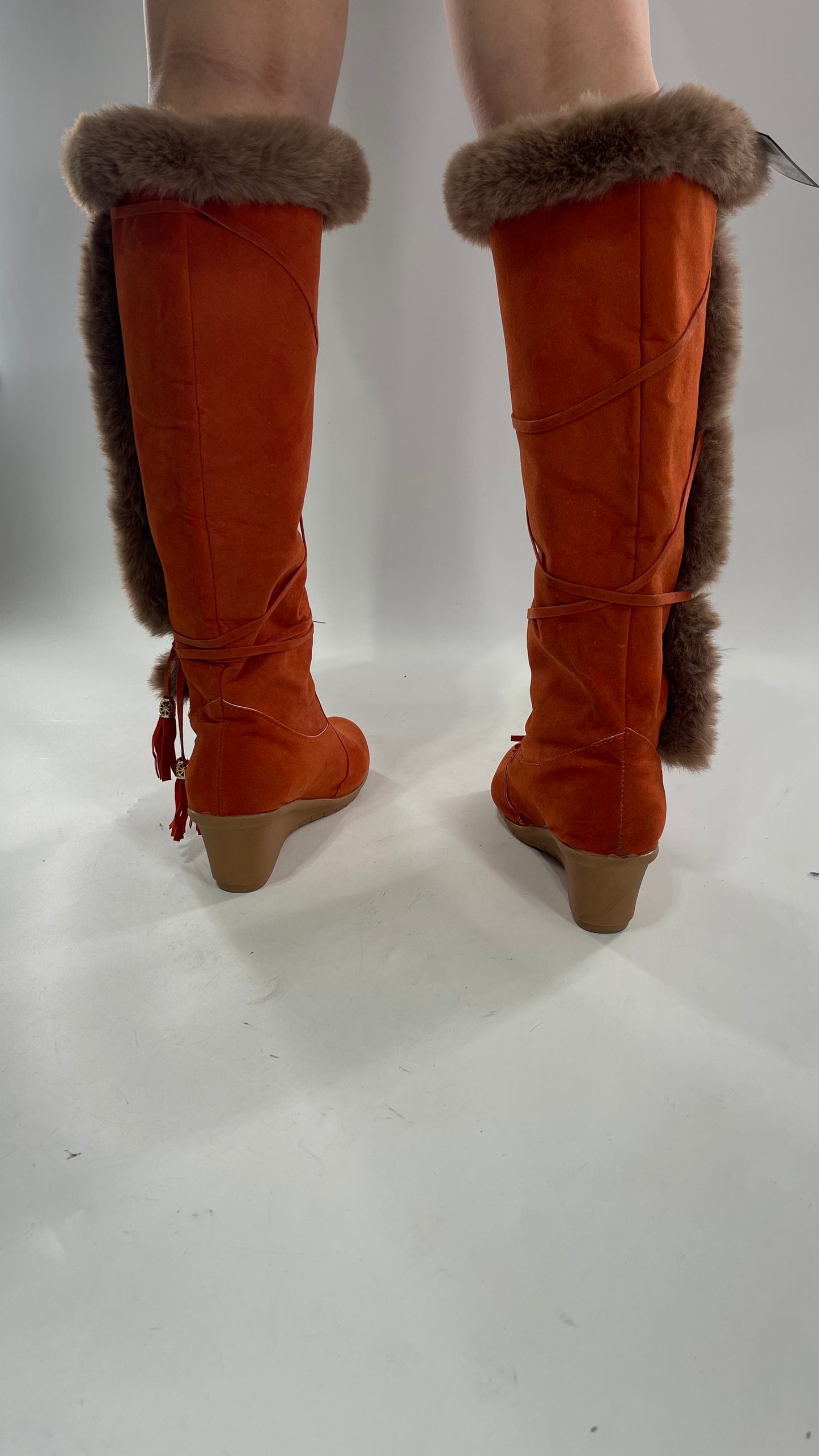 Faux Suede Lace Up Orange Wedge Boots with Faux Fur (37)