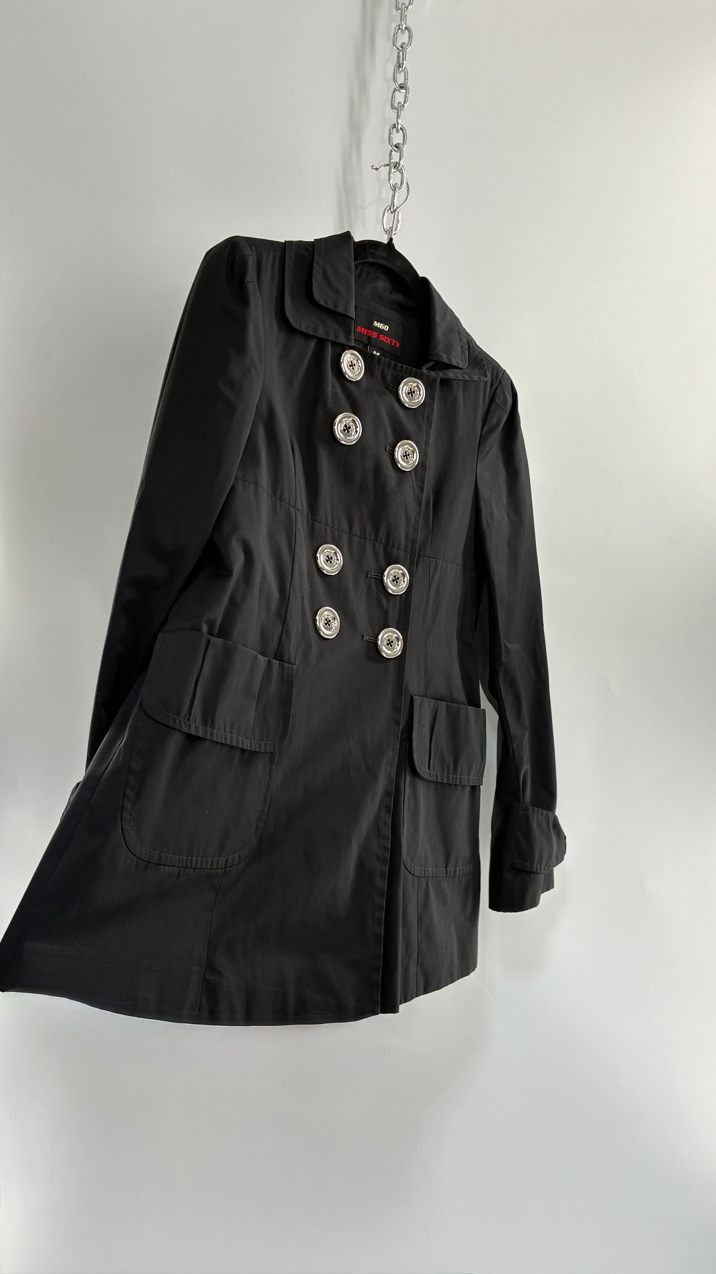 Vintage MISS SIXTY Black Jacket with Oversized Silver Buttons (Medium)