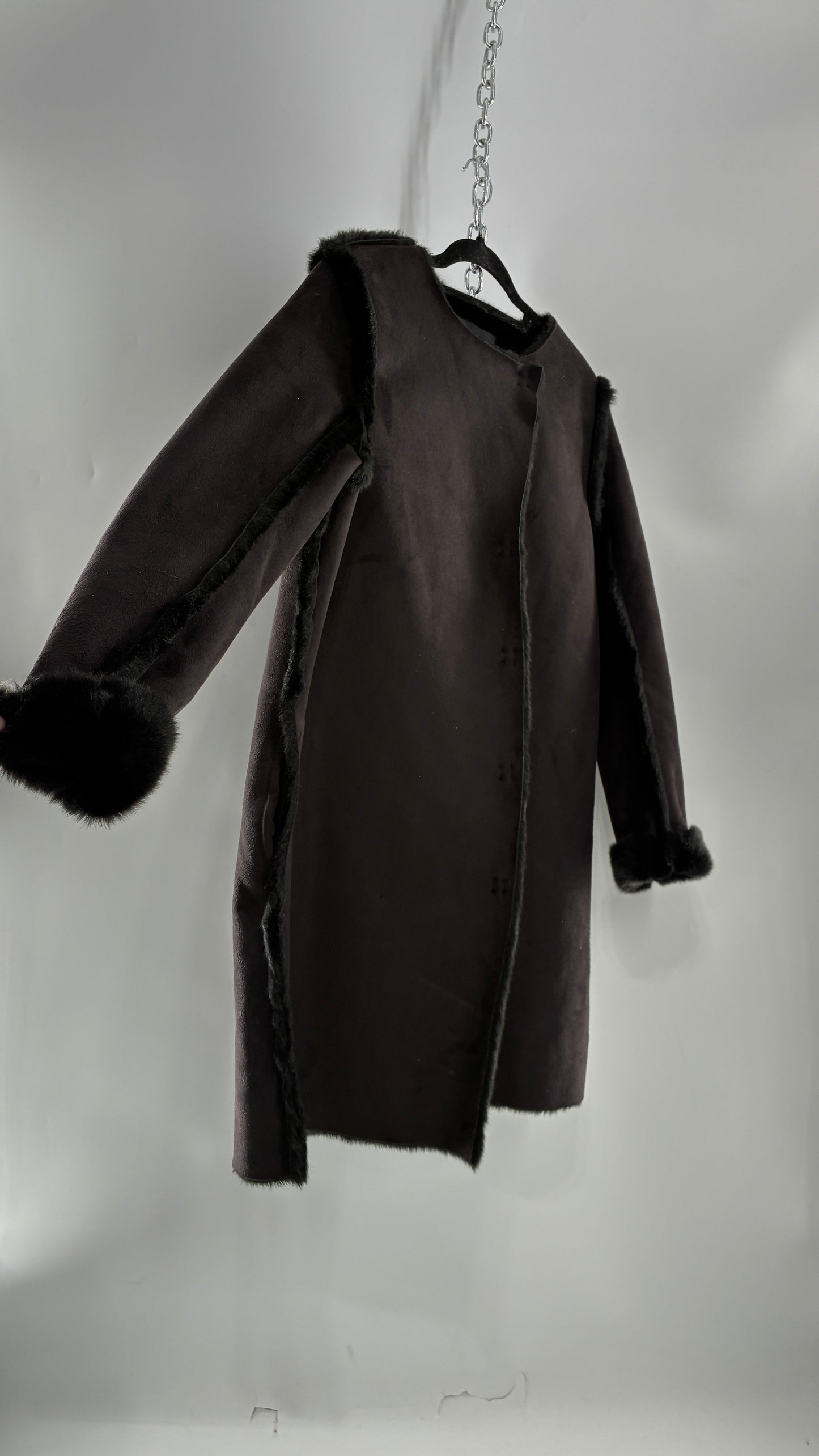 Vintage H&M Black Faux Suede Coat with Faux Fur Piping (12)
