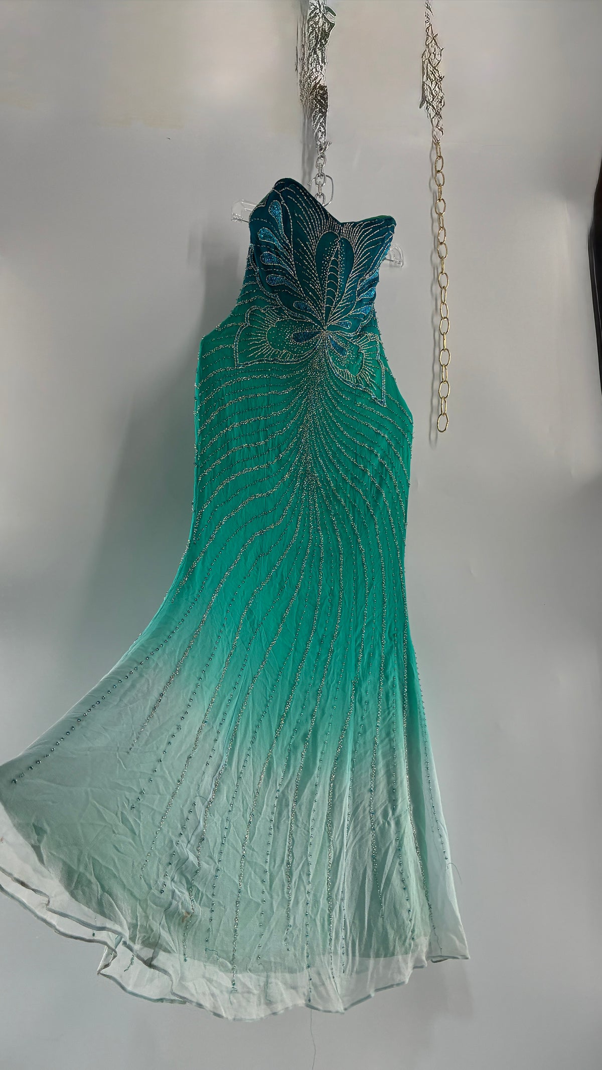 Vintage 1990s STUDIO17 100% Fully Beaded Silk Aquamarine Butterfly Dress (8)