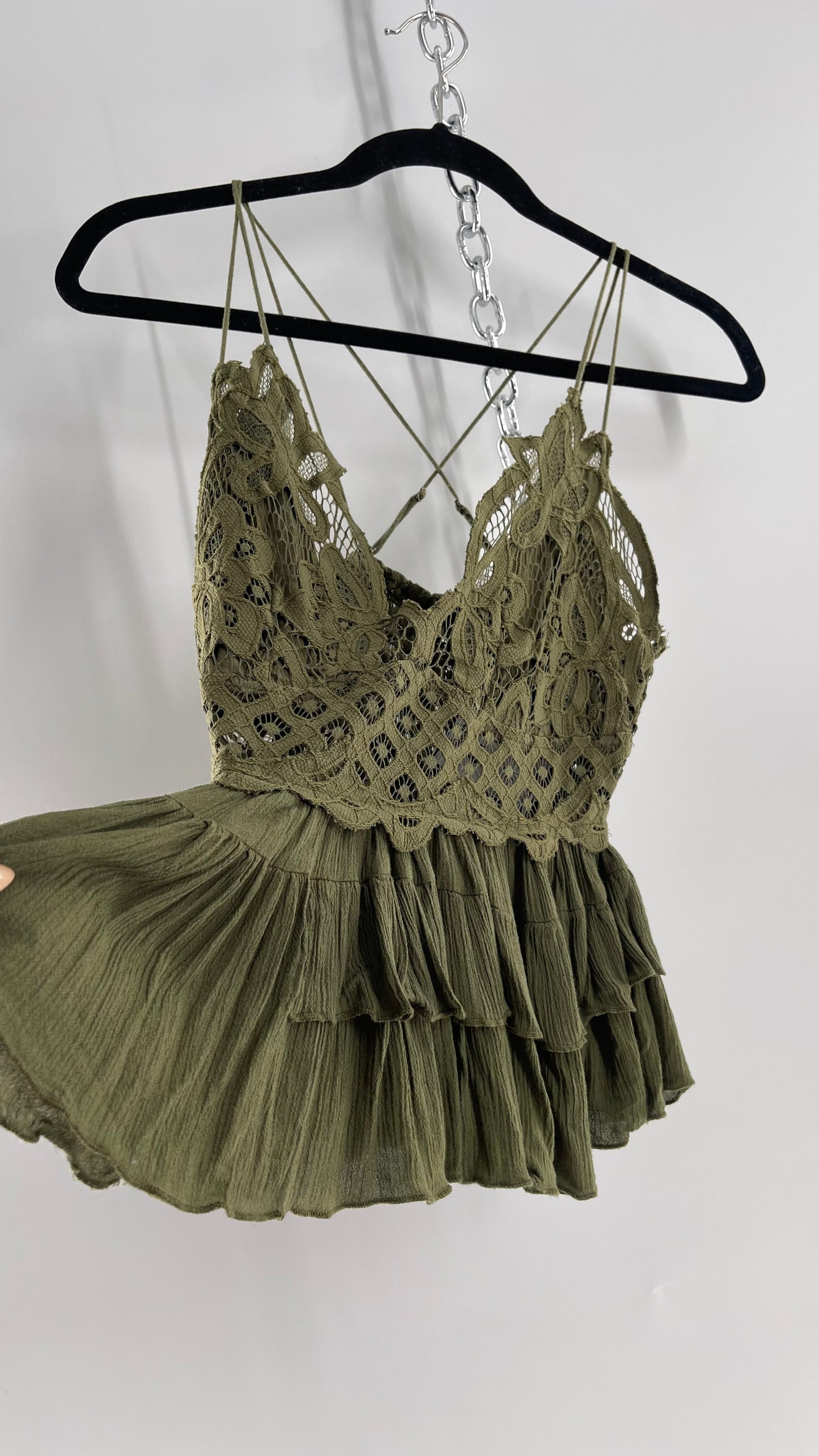 Free People Army Green Lace Bralette Top with Ruffled Hem (Large)