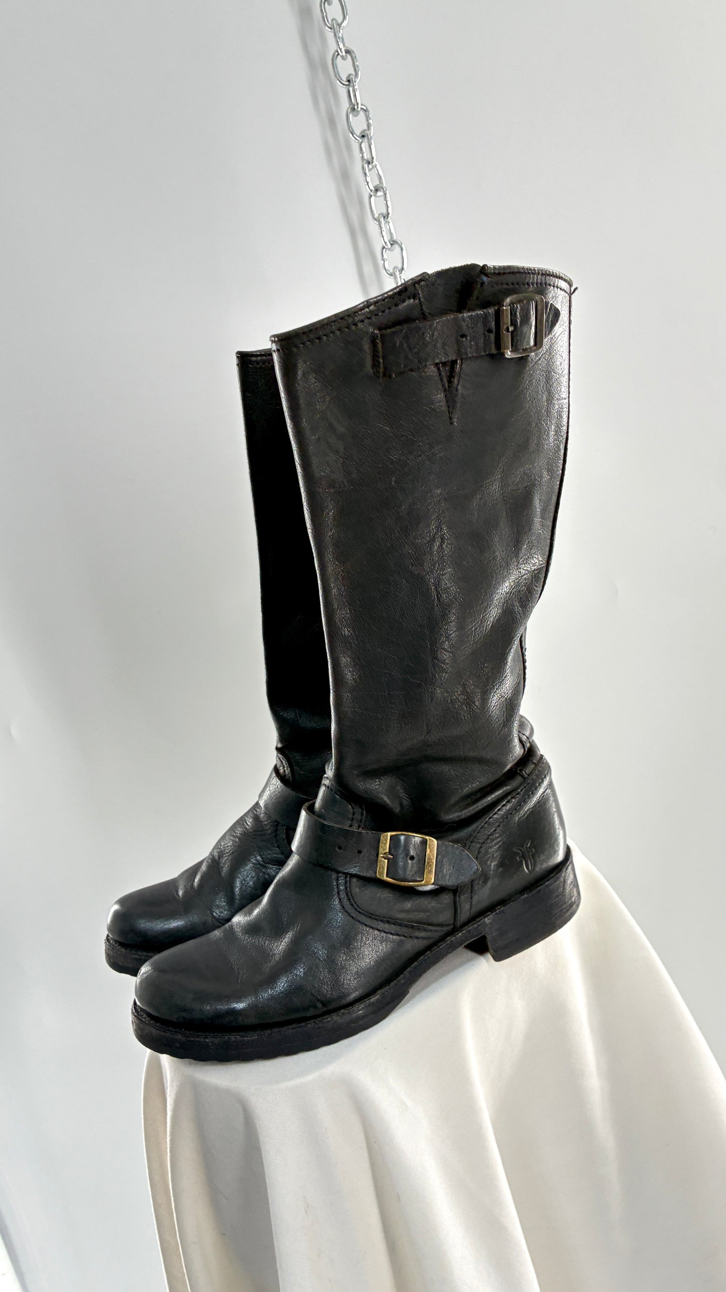 Vintage FRYE Veronica Tumble Shiny Black Leather Slouch Boot (8)