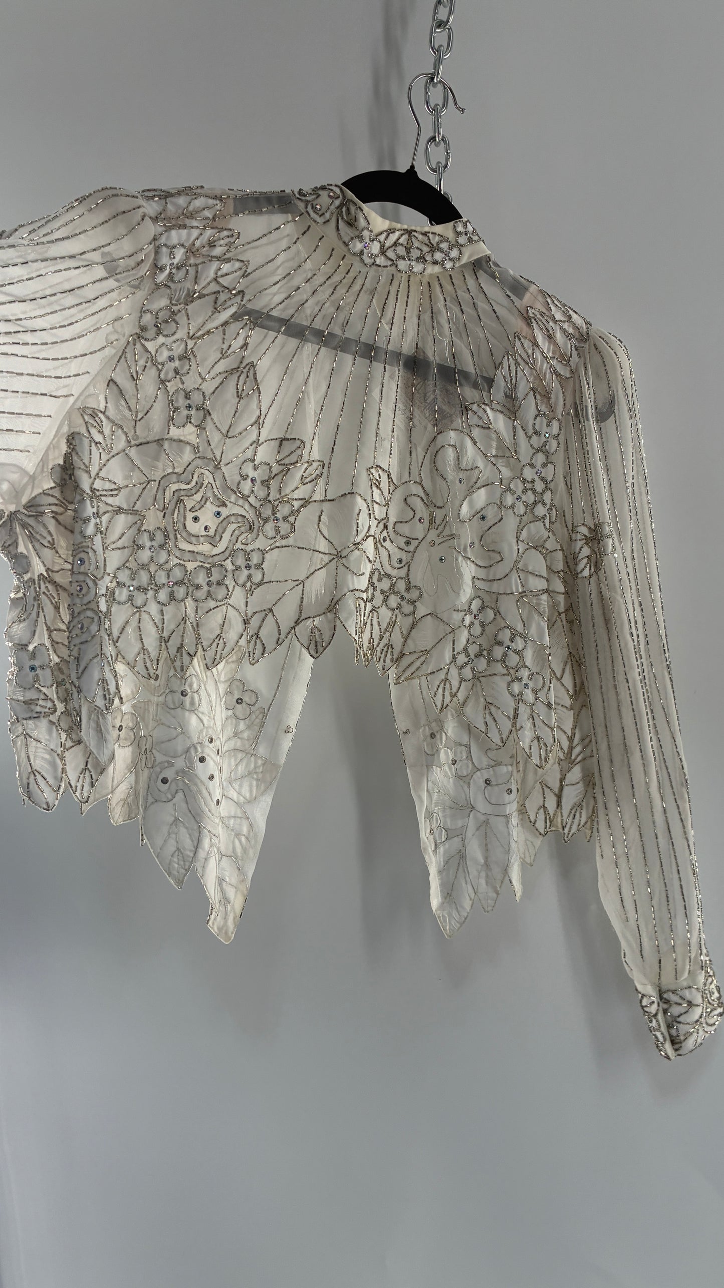 Vintage Sheer White Bridal Beaded Open Back Floral Blouse with High Neck (Medium)