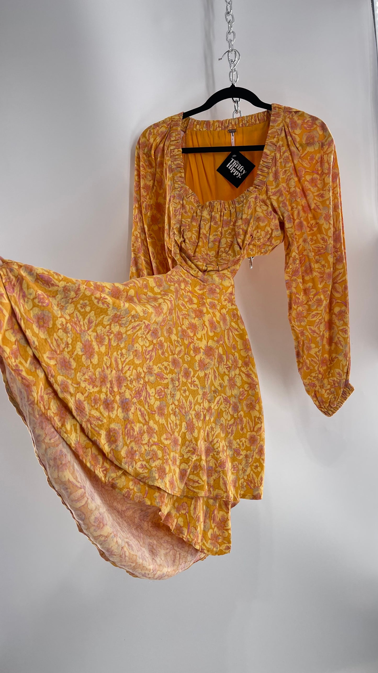 Free People Yellow Cut Out Golden Florals Dress with Ruched Bust and Balloon Sleeves (XS)