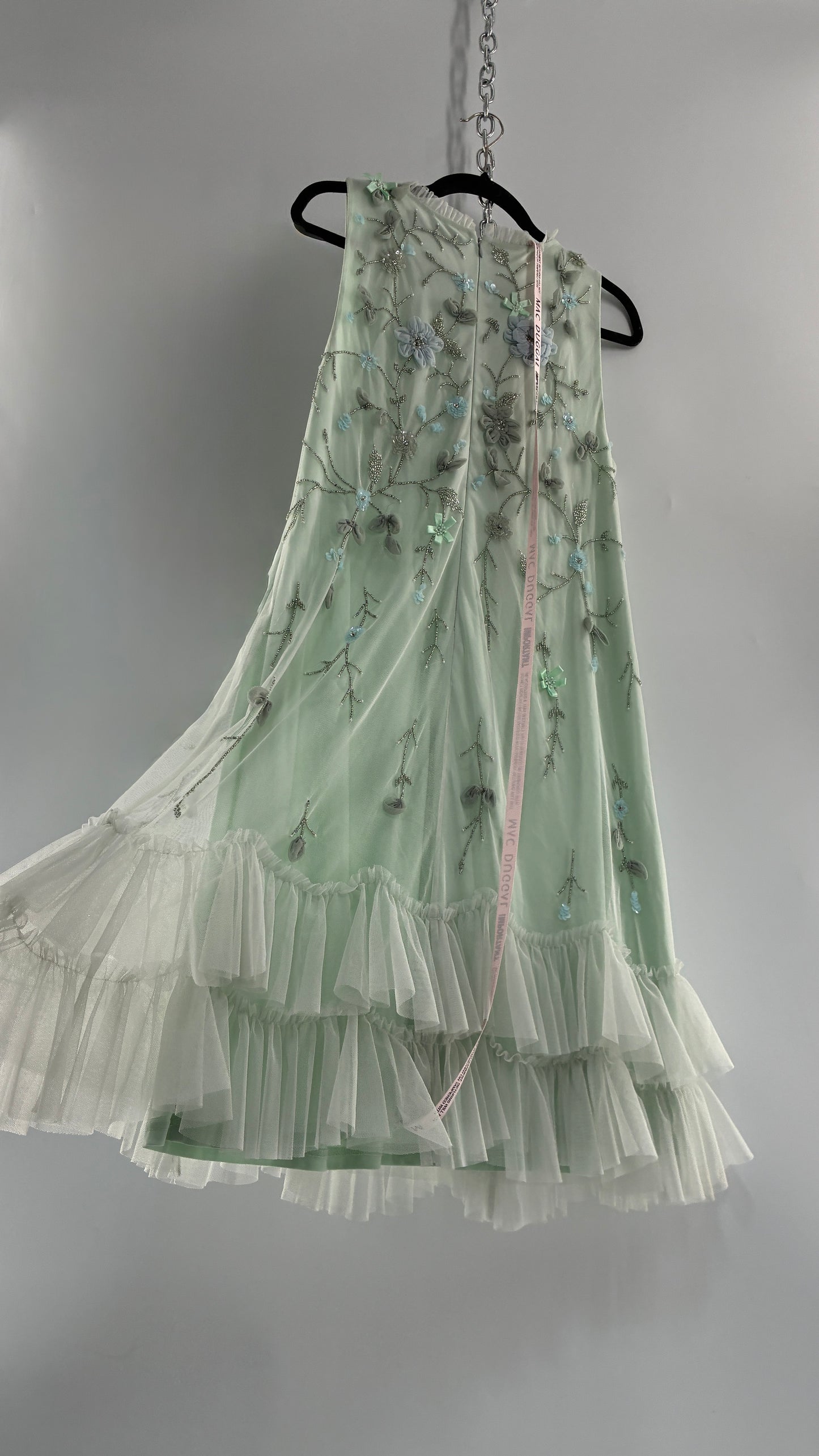 MAC DUGGAL Green Embellished Ruffle Tiered High Neck Floral Dress (10)
