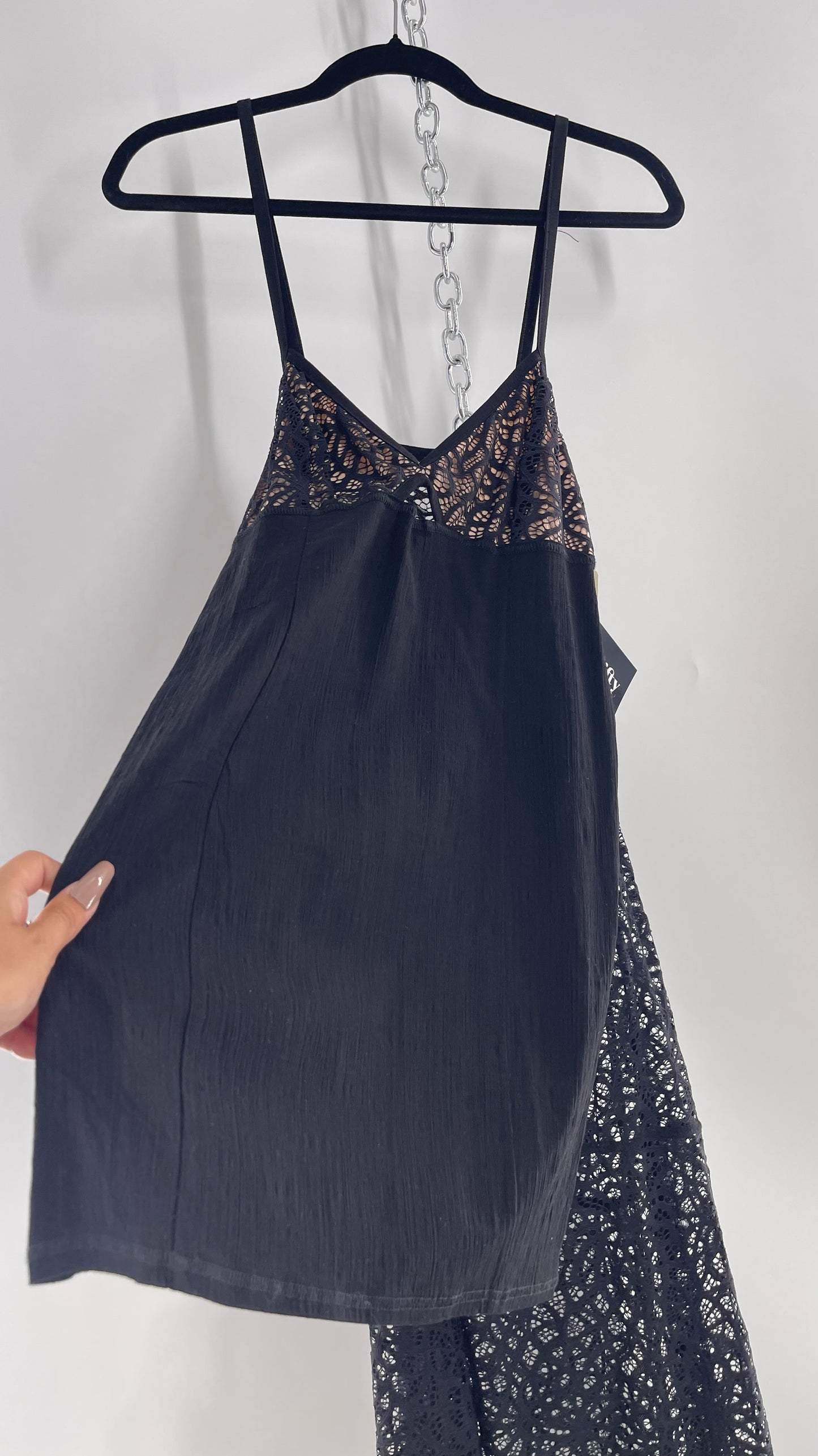 Intimately Free People Set Black Mini Dress with Nude Bust and Lace Sheer Maxi Skirt (Medium)