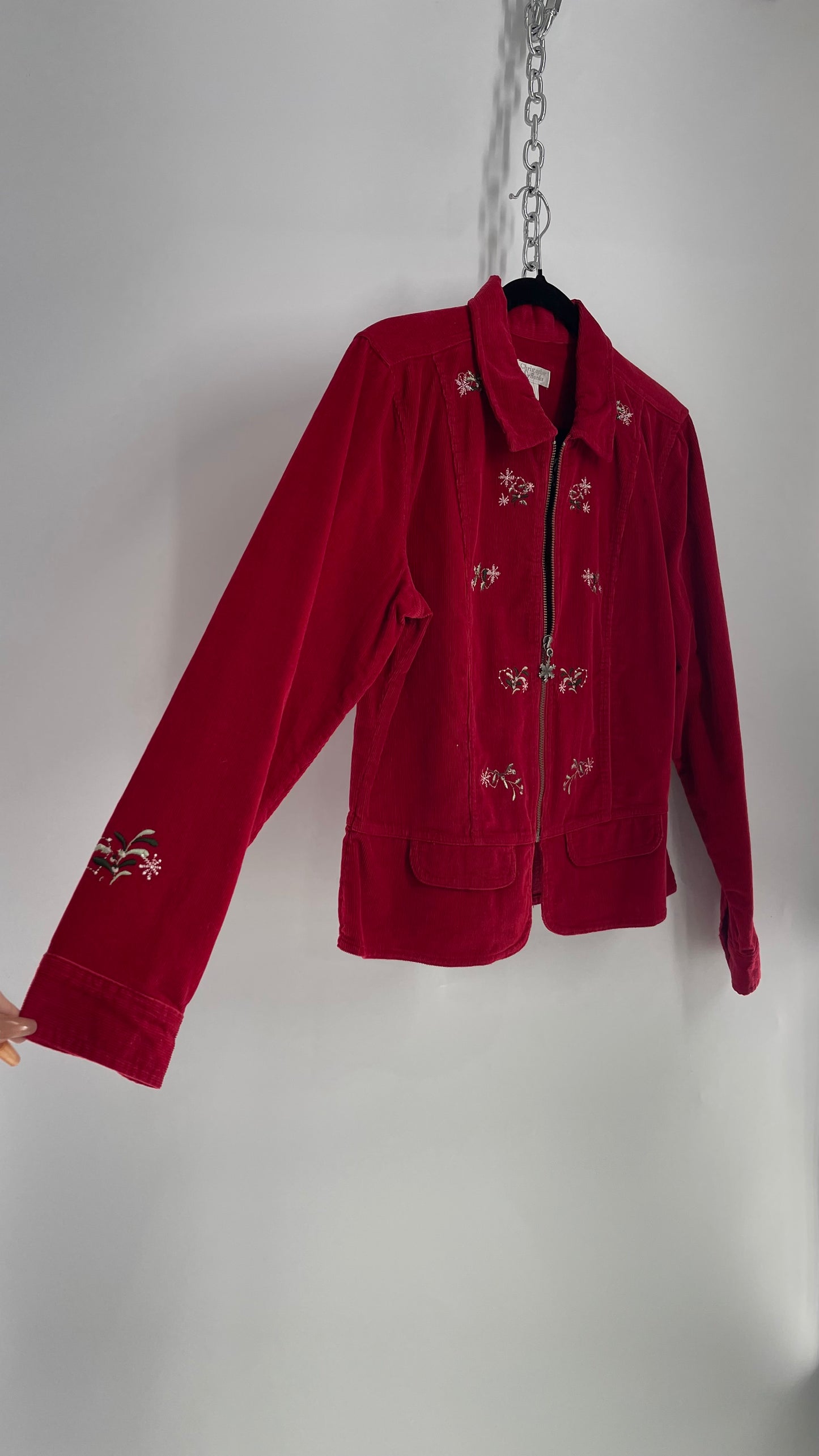 Vintage 1990s Red Corduroy Zip Front Holiday Jacket with Embroidery and Tags Attached (Medium)