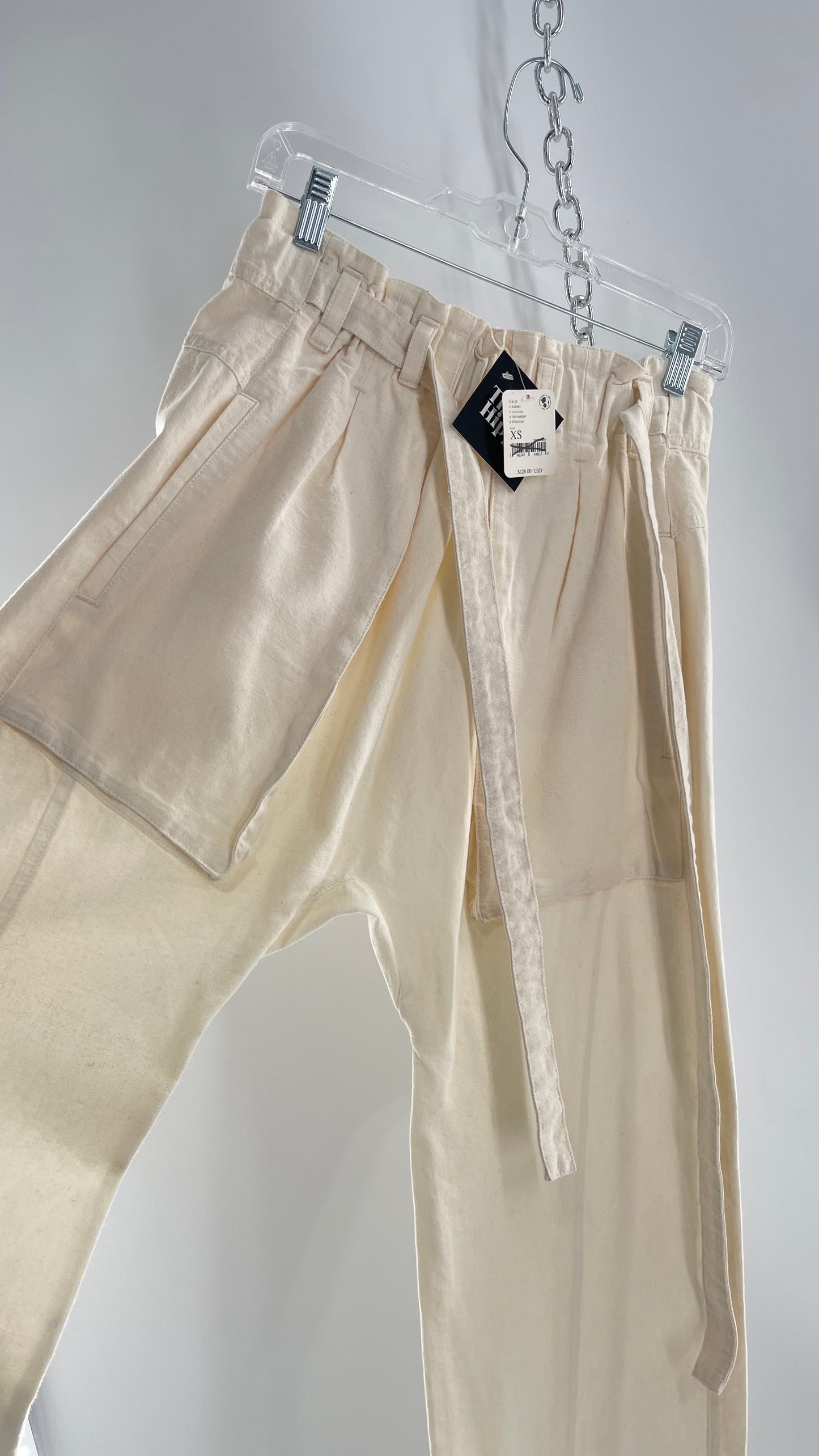 Free People Cream Color Canvas Belted Pants with Oversized Pockets and Tags Attached (XS)