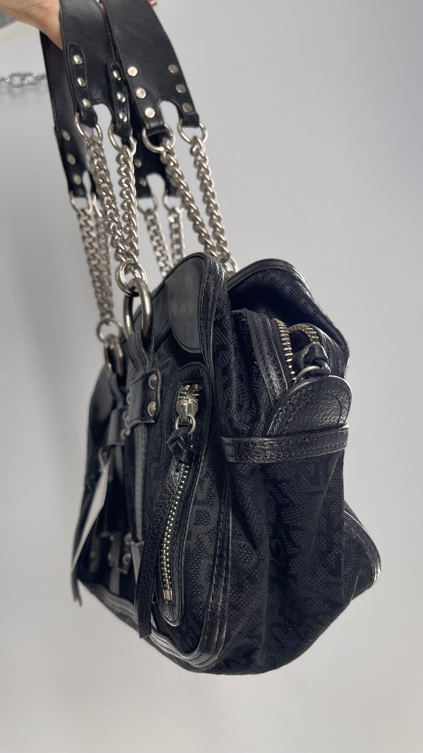 Vintage DKNY 1990s Black All Over Logo Bag with Leather and Chain Details