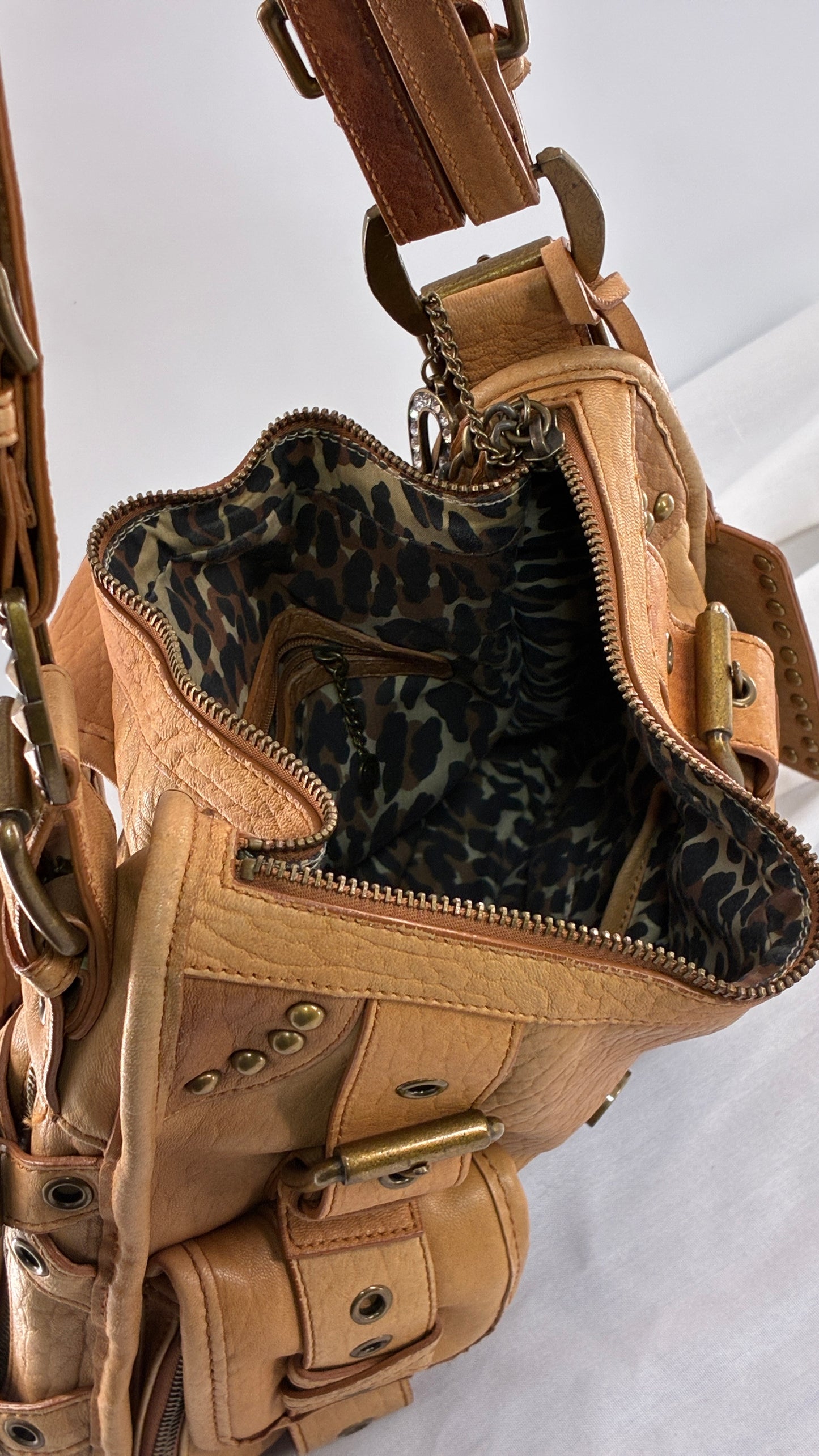 Rare Vintage BETSEY JOHNSON Heavy Leather, Oversized Shoulder Bag with Leopard Lining