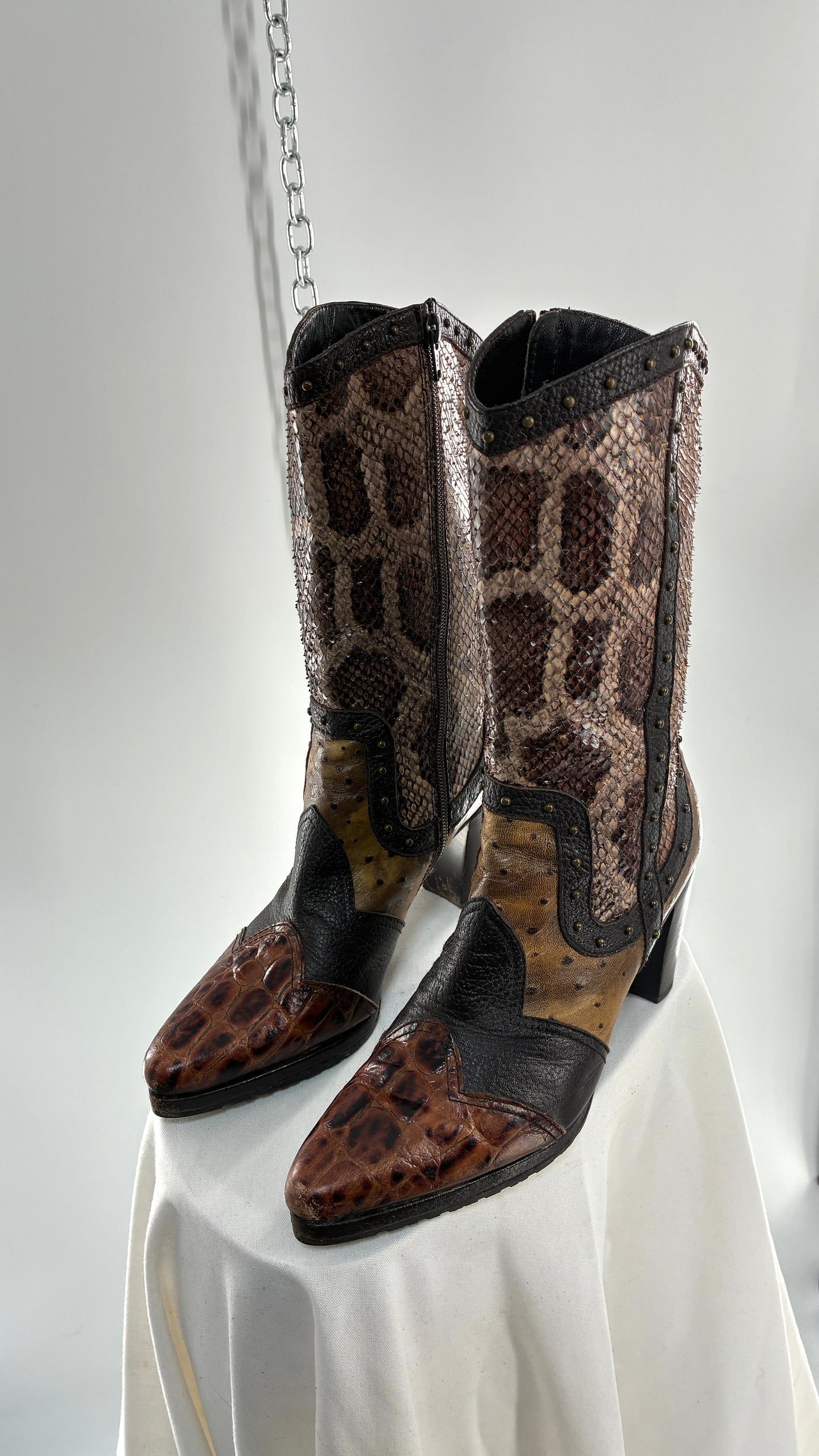 Vintage STUART WEITZMAN Stampede Boots Ft Snake, Crocodile and Ostrich Embossed Leather (8.5)