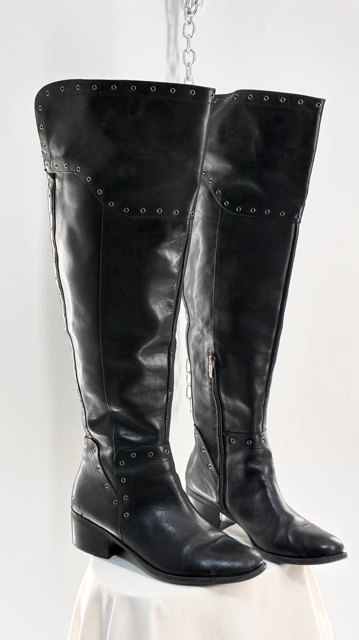 VINCE CAMUTO Genuine Leather Black Over the Knee, Thigh High Boots with Studding Details (11/41)