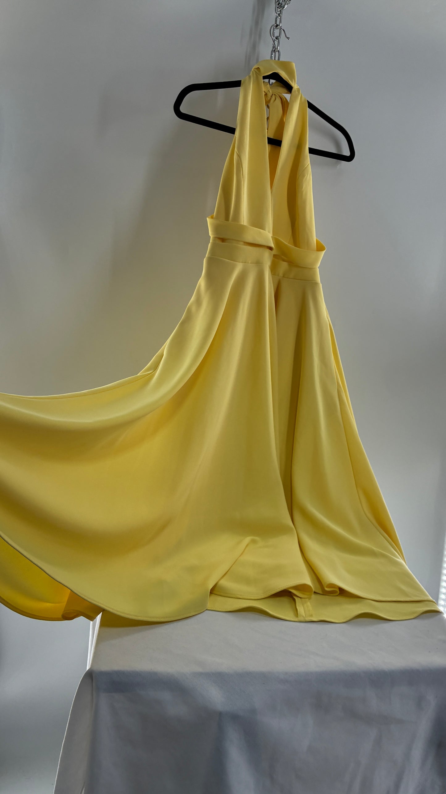 BLACK HALO Yellow High Neck Open Back 1950s Style Circle Skirt Dress with Tags Attached (8,10)