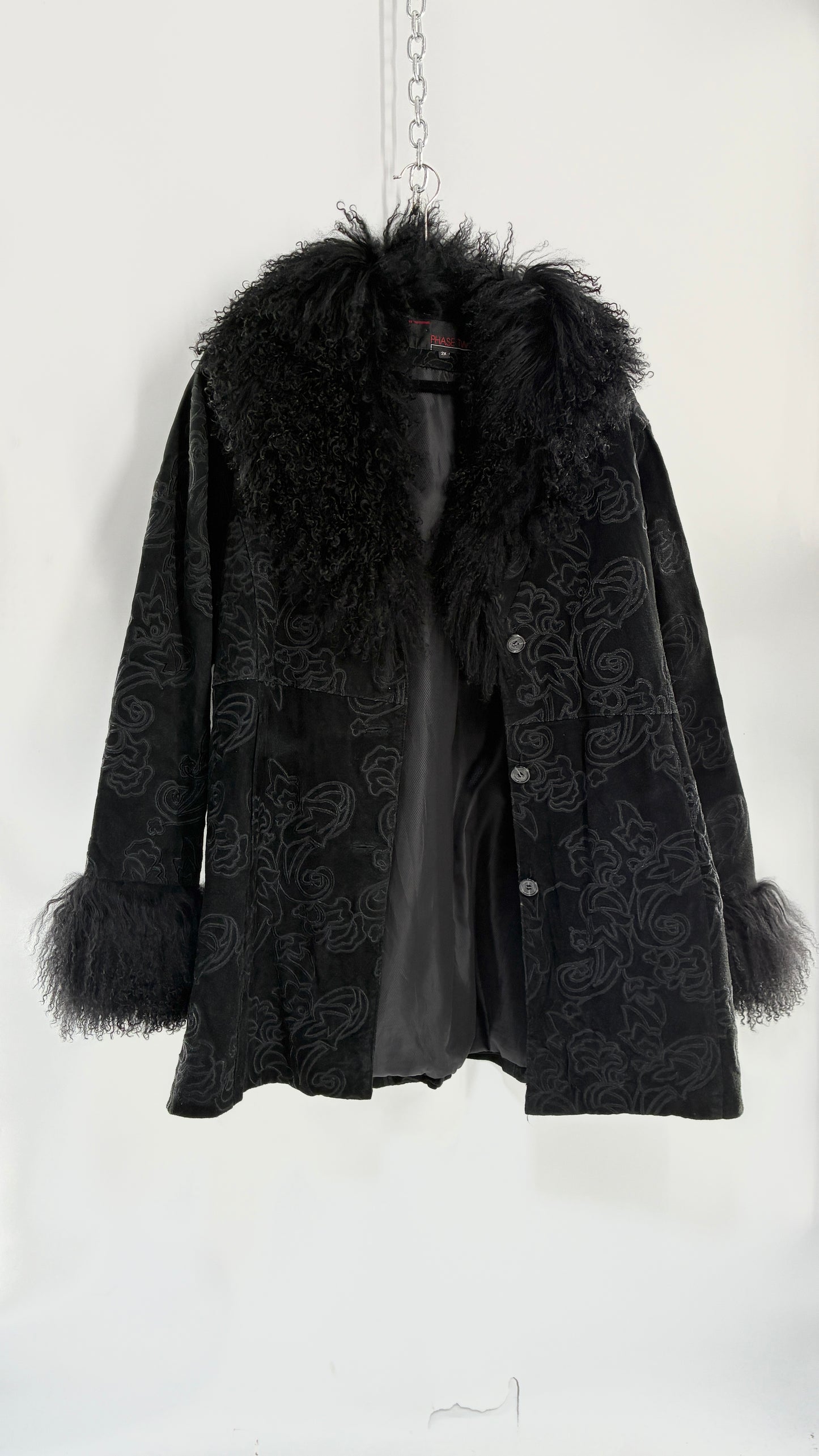 Vintage PHASE TWO Embroidered Black Genuine Suede Leather Coat with Mongolian Fur Collar and Cuffs (XXL)