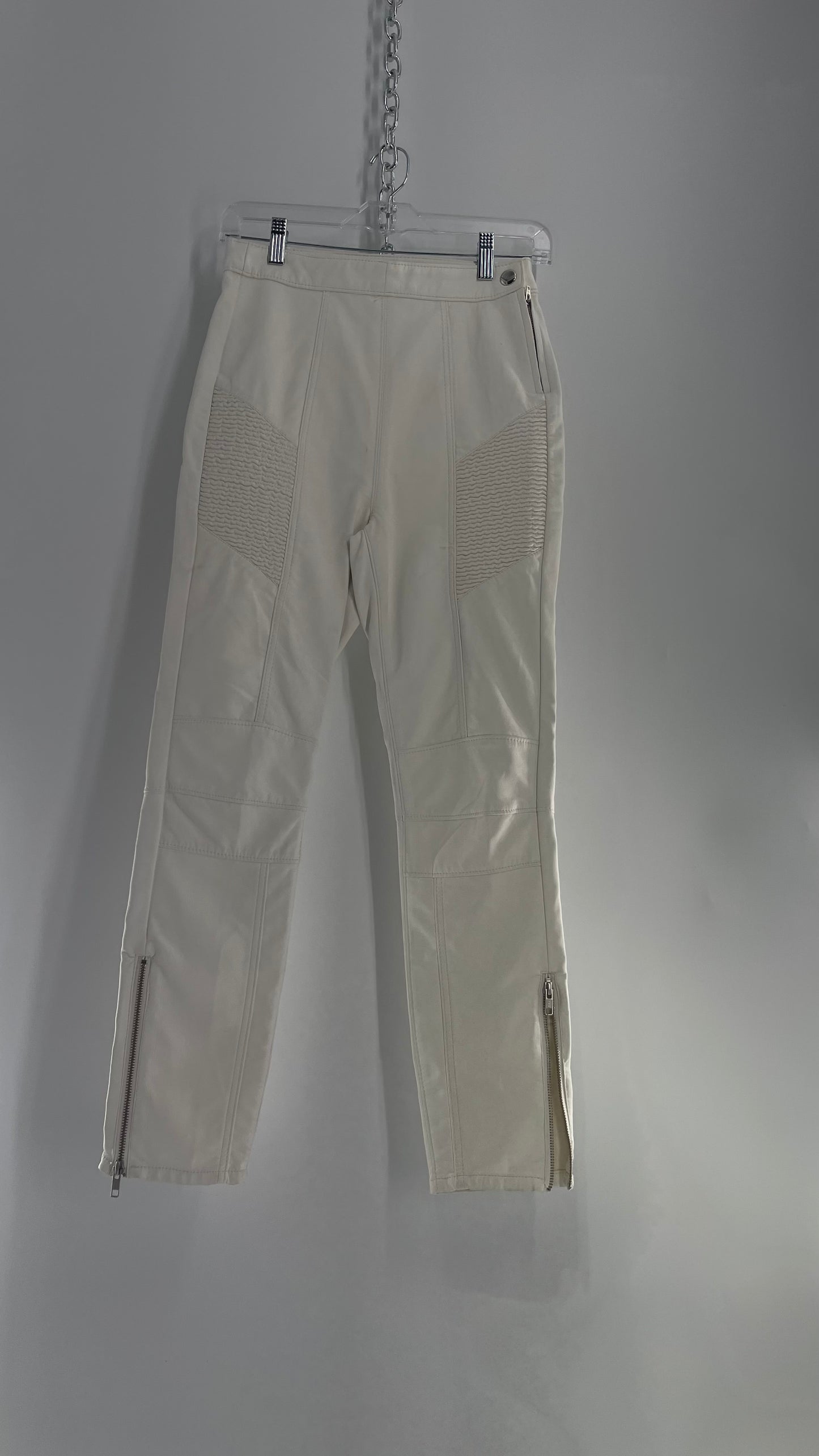 Free People Off White Vegan Leather Zipper Ankle, Pleated Panels Moto Pant (2)