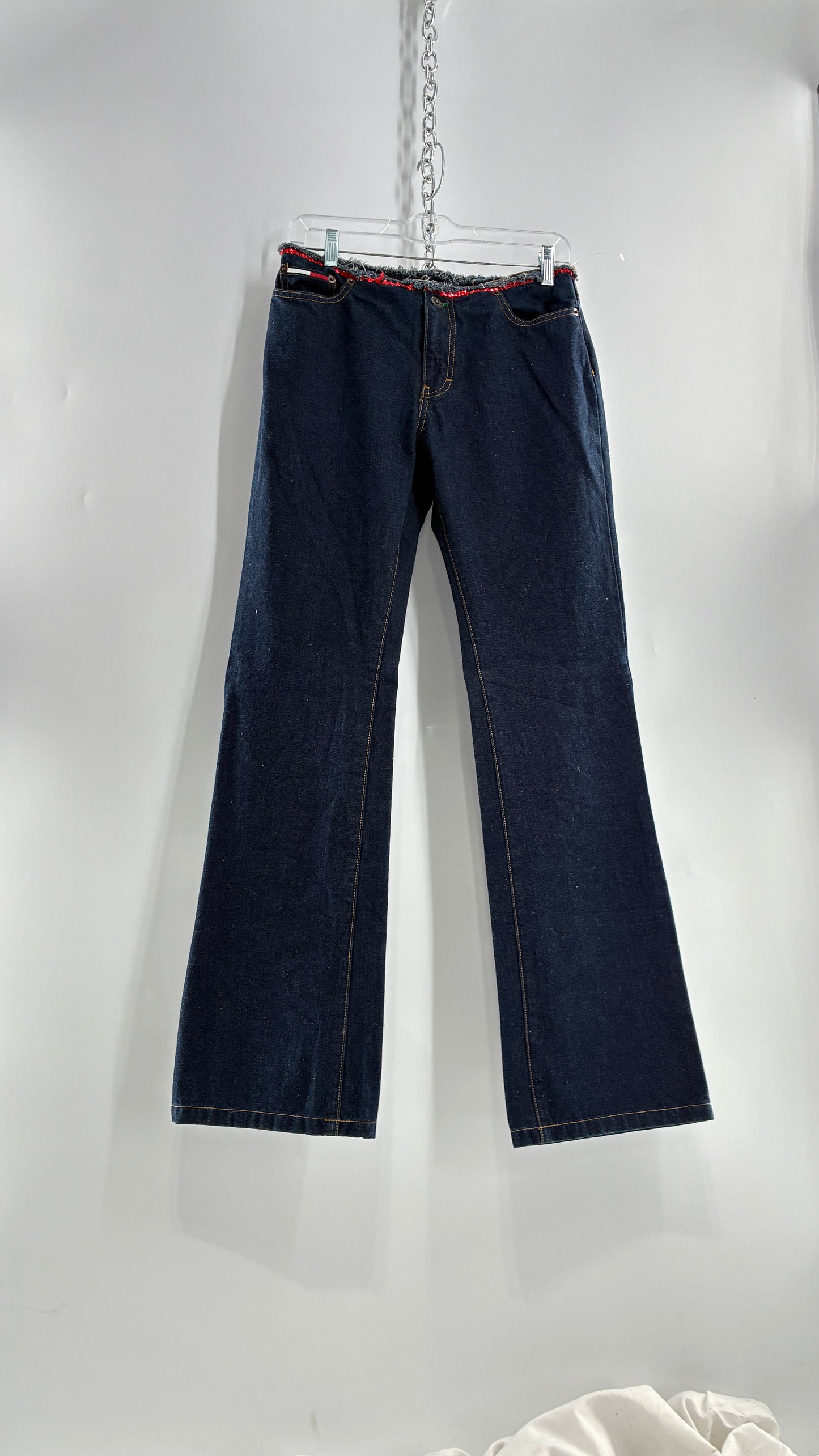 Vintage Tommy Hilfiger Low Rise Jeans with Frayed Waist Lined in Red Sequins (7)