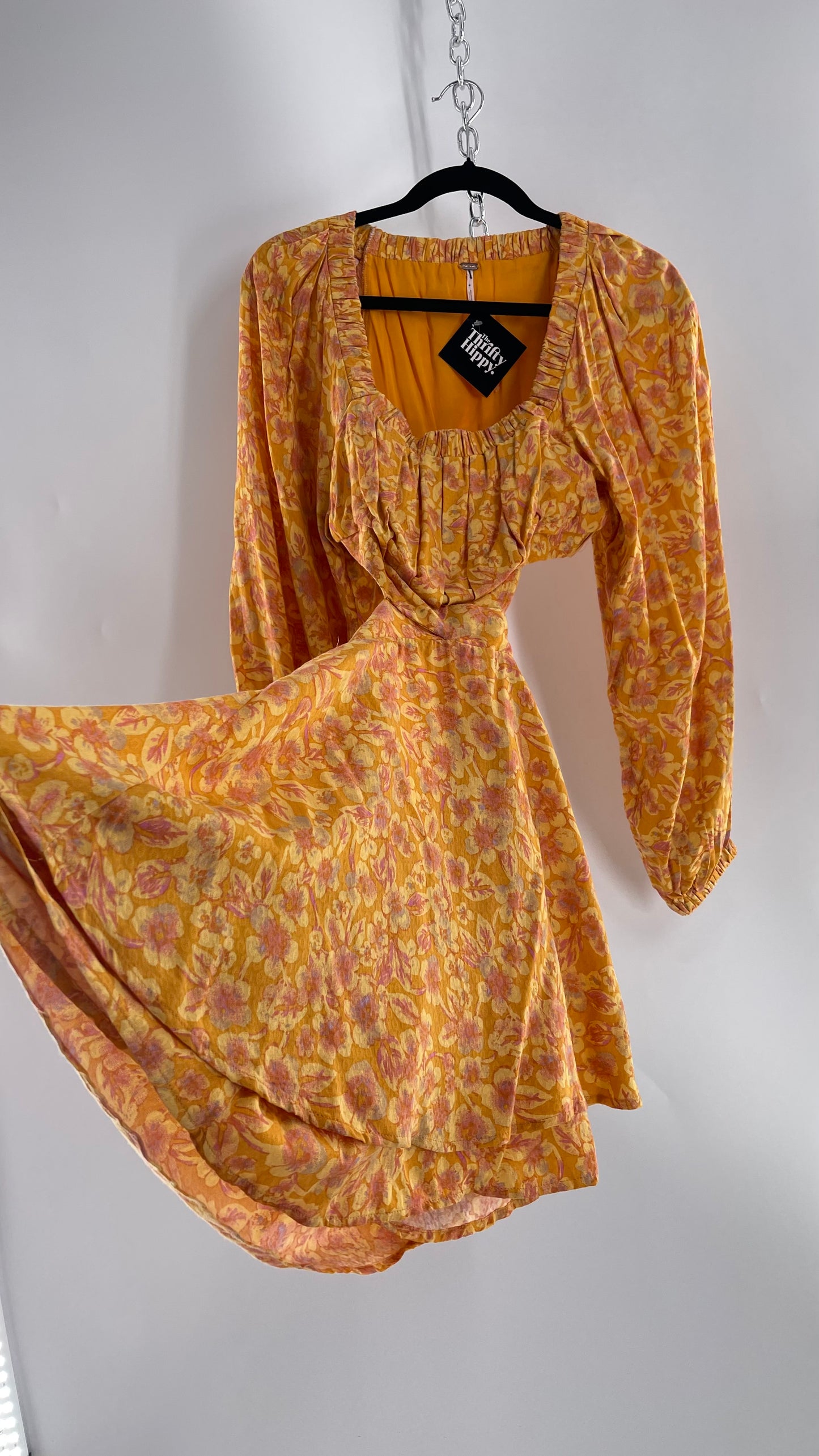 Free People Yellow Cut Out Golden Florals Dress with Ruched Bust and Balloon Sleeves (XS)