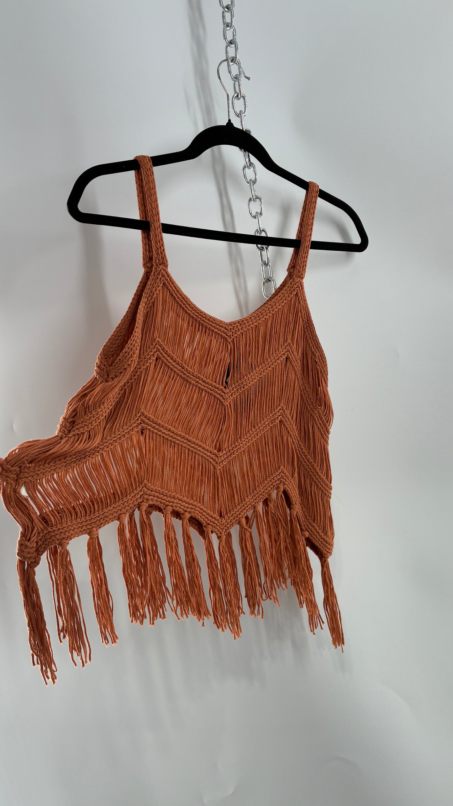 Vintage Rust Orange Macrame Fringe Sleeveless Top (Large)