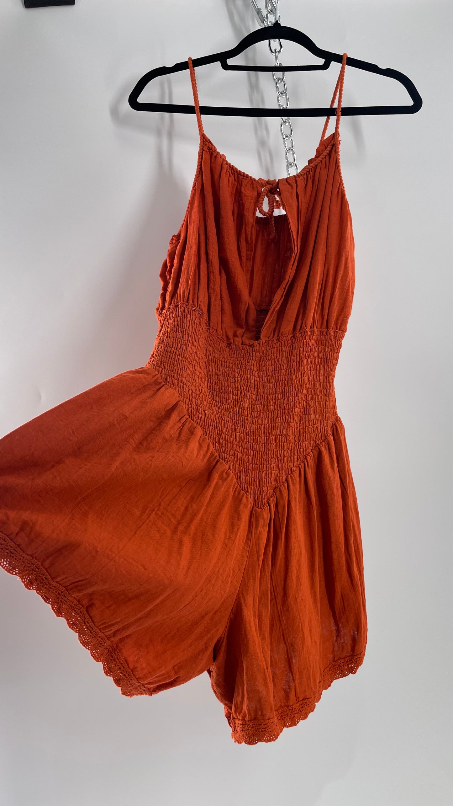 Free People Burnt Orange Smocked Pointed Waistline, Open Bust Jen’s Pirate Booty Romper Tags Attached 100% Cotton(XL)