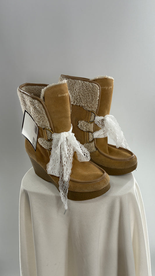Vintage TOMMY GIRL Suede Leather Wedge Heels with Sherpa Details and Lace Trim Laces (8)