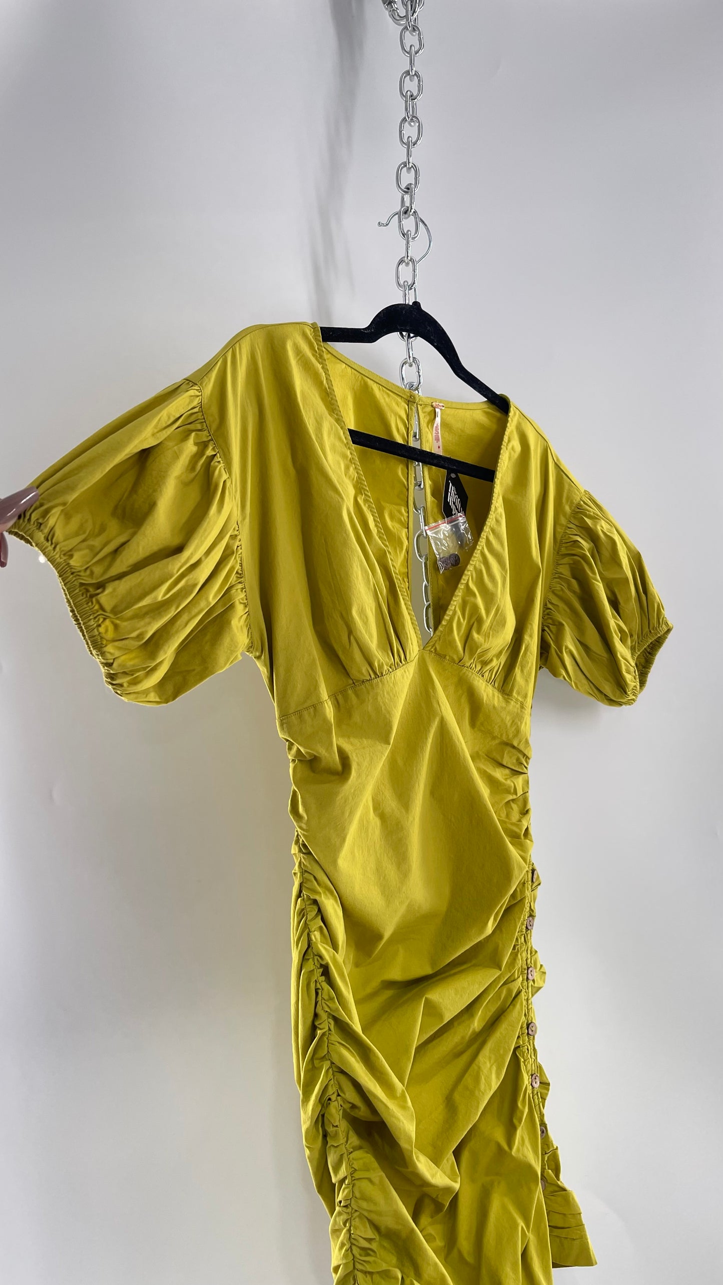 Free People Chartreuse Yellow Green Dress with Ruched Button Up Side (Small)