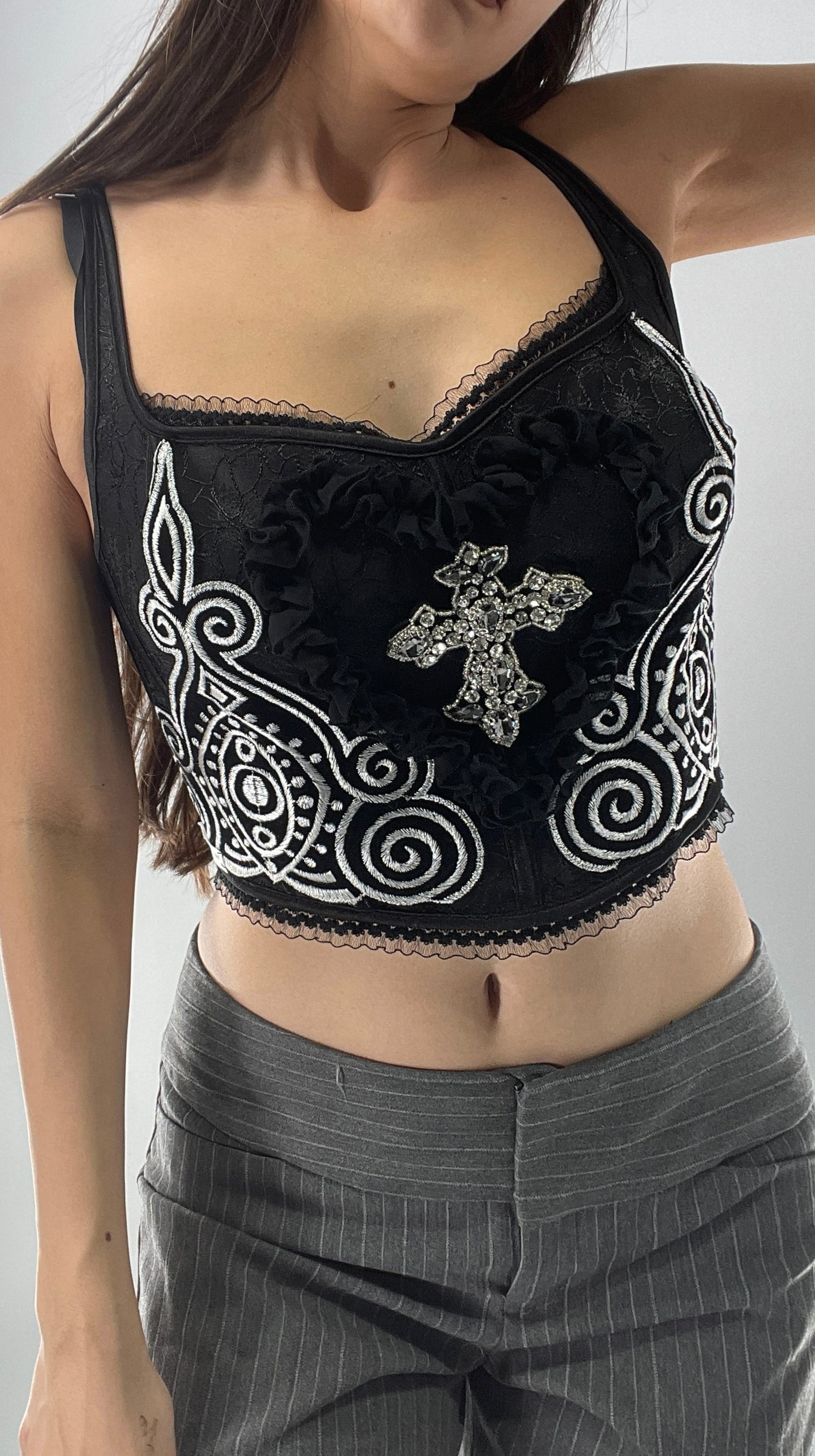 Custom Corset Handmade with Appliqués, Embroidery, Gemstones, Lace and Ruffles (S/M)