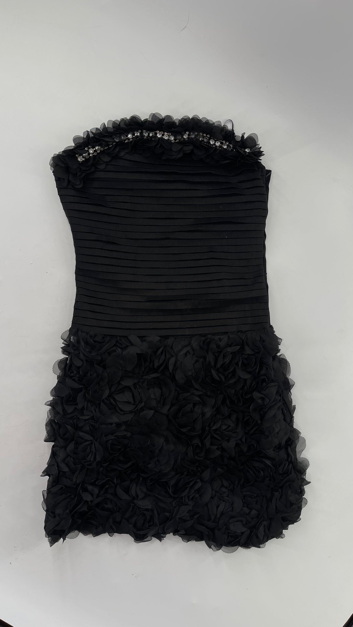 C.O:GWBG Black Dress with Pleated Bodice, Floral Ruffled Skirt and Bedazzled Bustline (S/M)